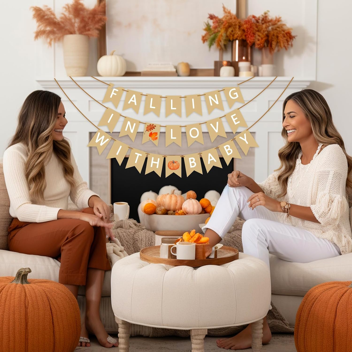JarThenaAMCS 3 Pcs Falling in Love with Baby Burlap Banner Autumn Baby Shower Decorations Pumpkin Maple Leaves Pre-Assembled Hanging Garland for Thanksgiving Gender Reveal Party Decor