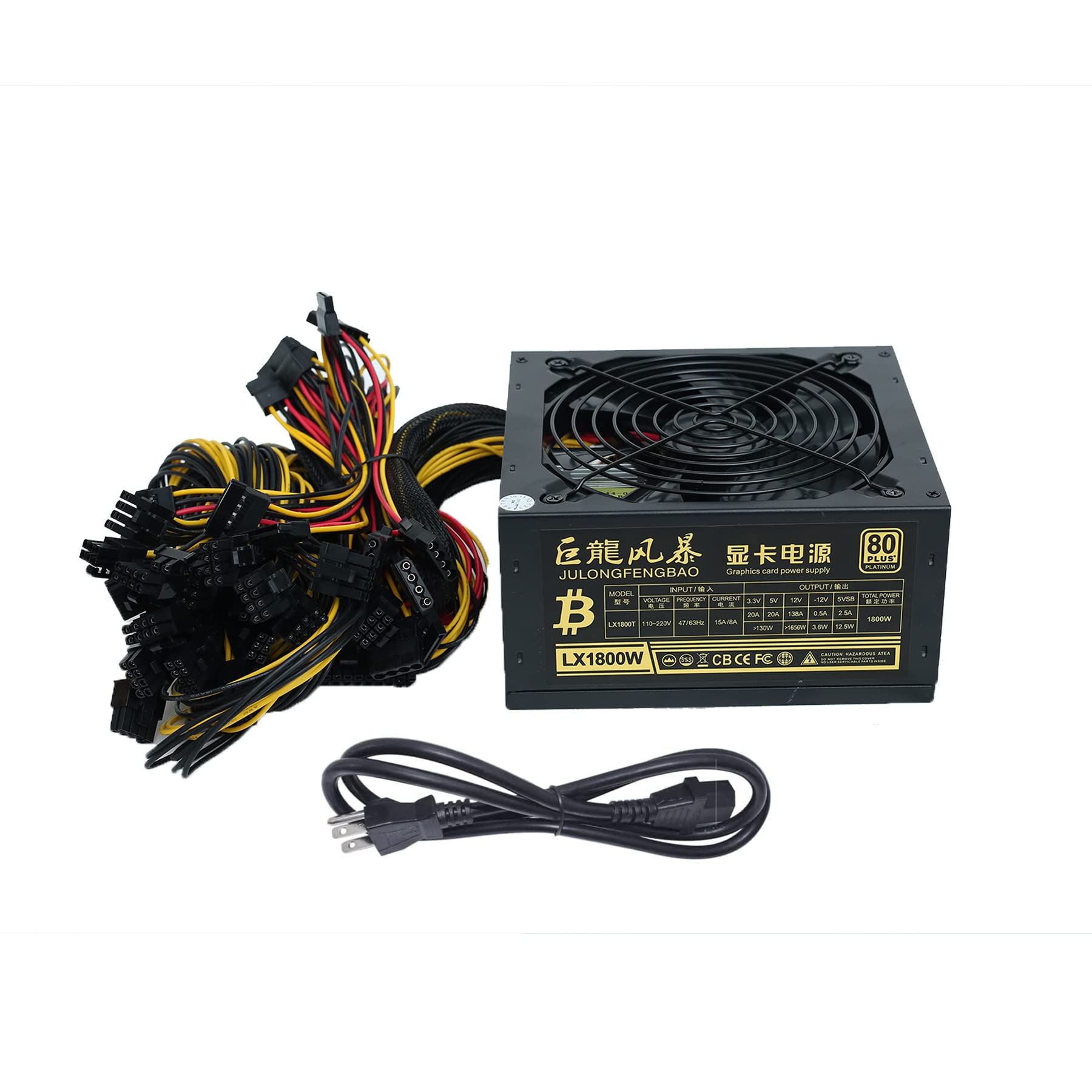 Fuente Alimentación de Minería 1800 W, Compatible con 8 Fuentes Alimentación de Placa GPU (110 V-220 V), Adecuada para Máquina de Minería BTC Eth ETC ZEC ZCASH DGB XMR con Cable Alimentación