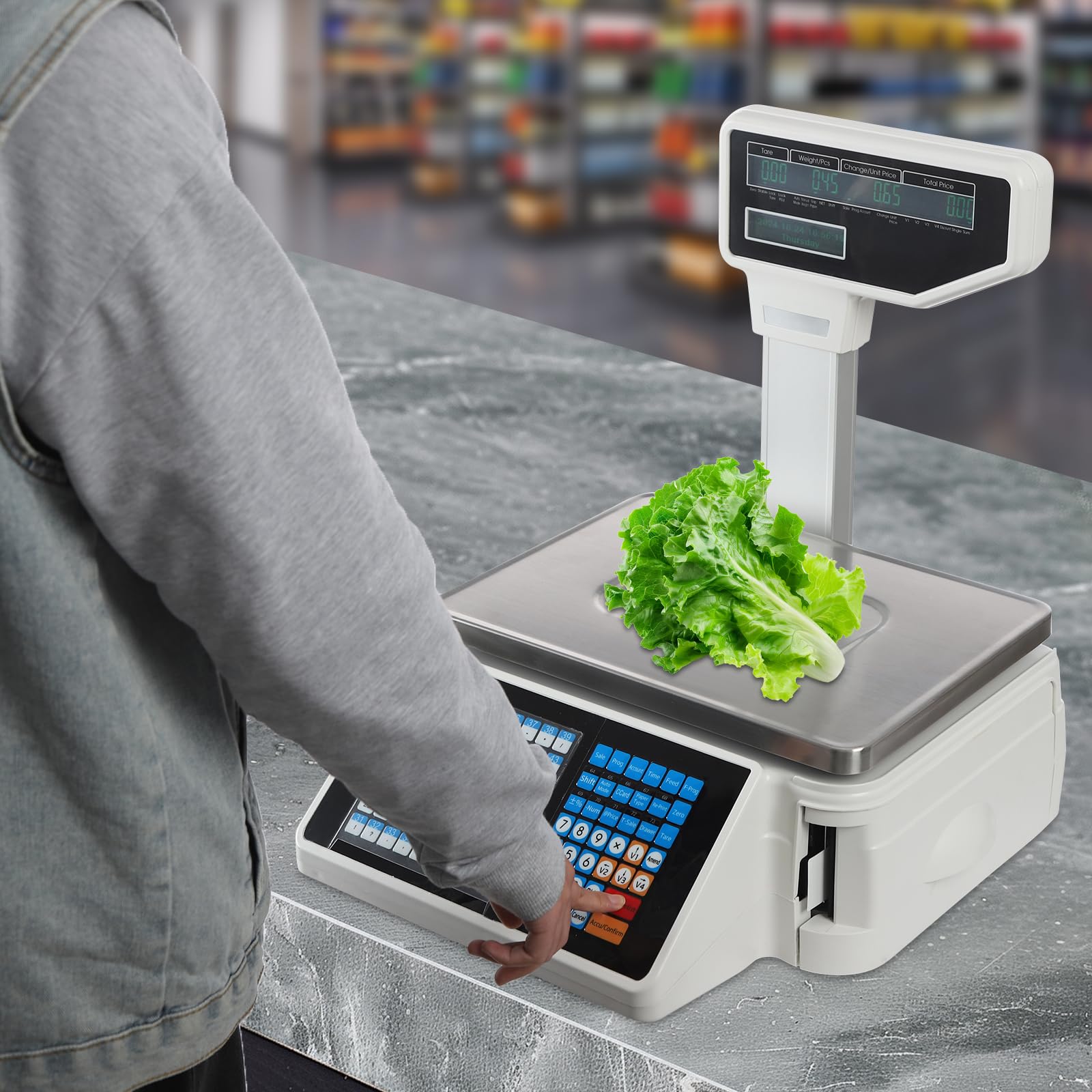 Cyfrowa waga obliczeniowa, maksymalna nośność 29,9 kg, komercyjna waga detaliczna z drukarką termiczną i dwustronnym wyświetlaczem LCD do supermarketów, sklepów z owocami i innych miejsc