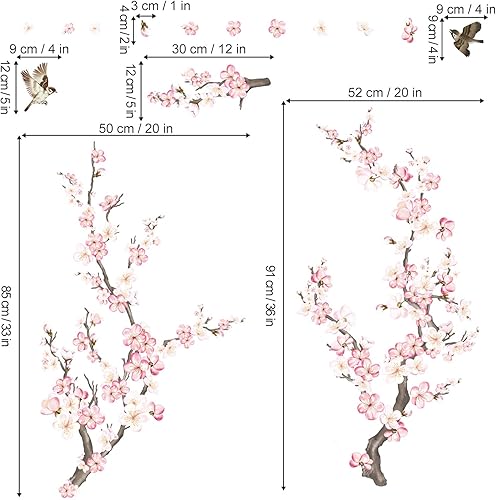 Miniatura 4 de wondever Pegatinas de pared con diseño de flor de cerezo, ramas de árbol de flores rosas y blancas, calcomanías artísticas de pared para sala de