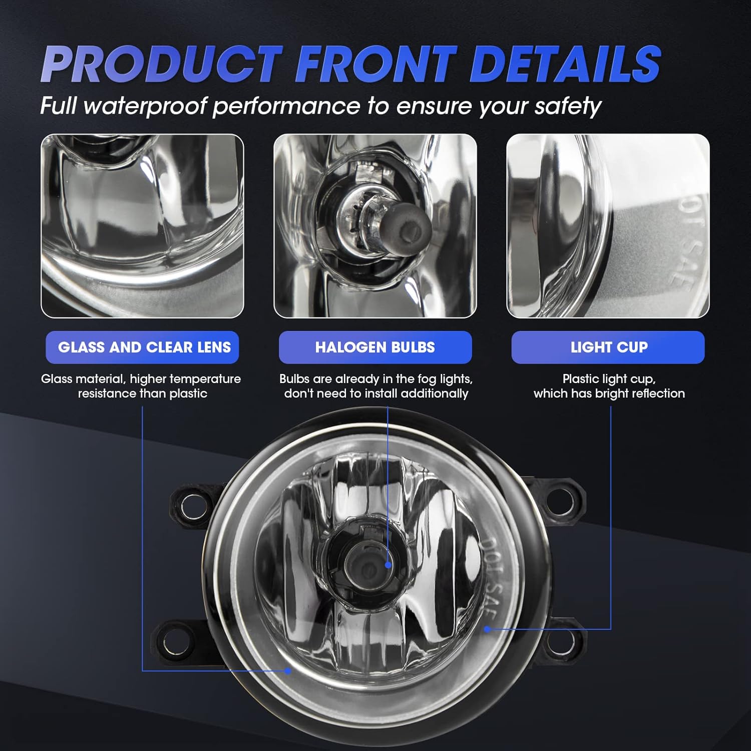 Driving Fog Lights Lamps Assembly Kit for 07-14 Toyota Camry/08-10 Highlander/09-13 Corolla/10-11 Prius/08-11 Lexus LX570/10-13 RX350 Fog Light Replacement with Halogen Bulbs-1 Pair