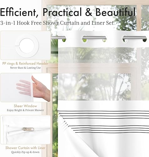 Miniatura 3 de AmazerBath Juego de cortina de ducha y forro sin gancho, cortina de ducha con forro y ganchos integrados menos tiempo, juego de cortina de ducha
