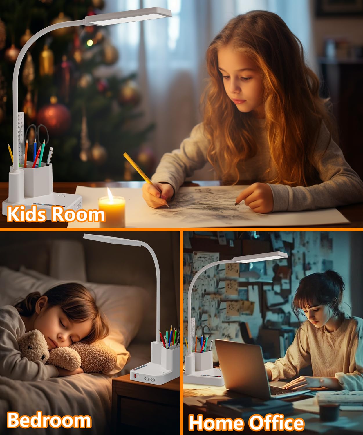 Lampada da scrivania, lampada da scrivania a LED per casa e ufficio, con 2 porte USB di ricarica/presa/organizer, lampada da scrivania per dormitorio universitario, lampada da tavolo a collo di cigno