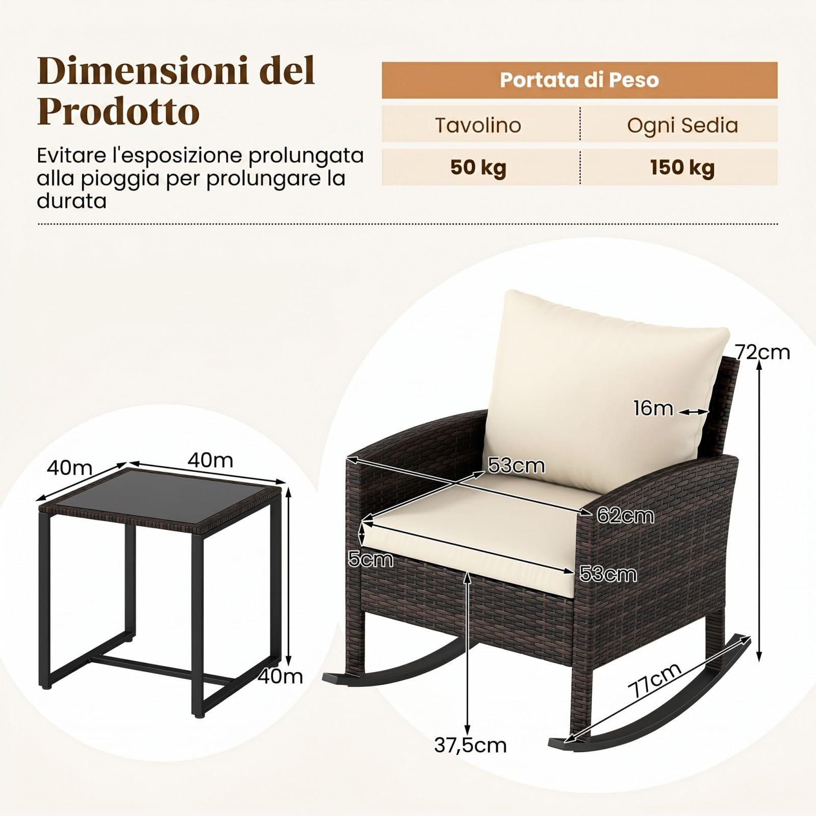 COSTWAY Set Salotto da Giardino in Rattan, Set Mobili da Eterno con 2 Poltrone a Dondolo, Tavolino in Vetro Temperato e Comodi Cuscini con Fodera Lavabile per Cortile e Balcone (Beige)