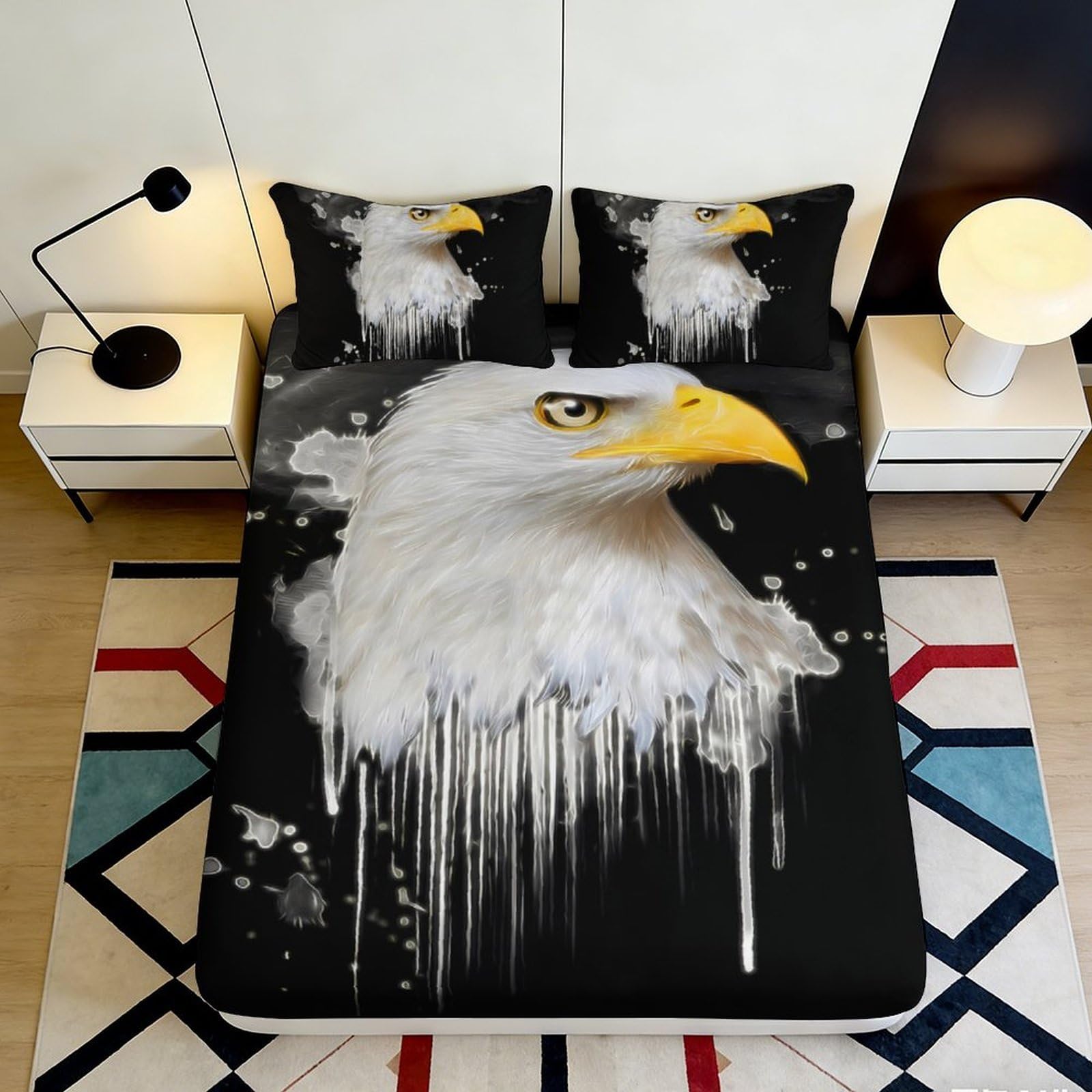 Decorative Eagle Fitted Sheet Black 3D Printed Microfiber soft touch, wrinkle resistant, apartment bedding, Bed Cover for bedroom or guest room, easy care, dustproof, home decor, 117 90x200x25cm
