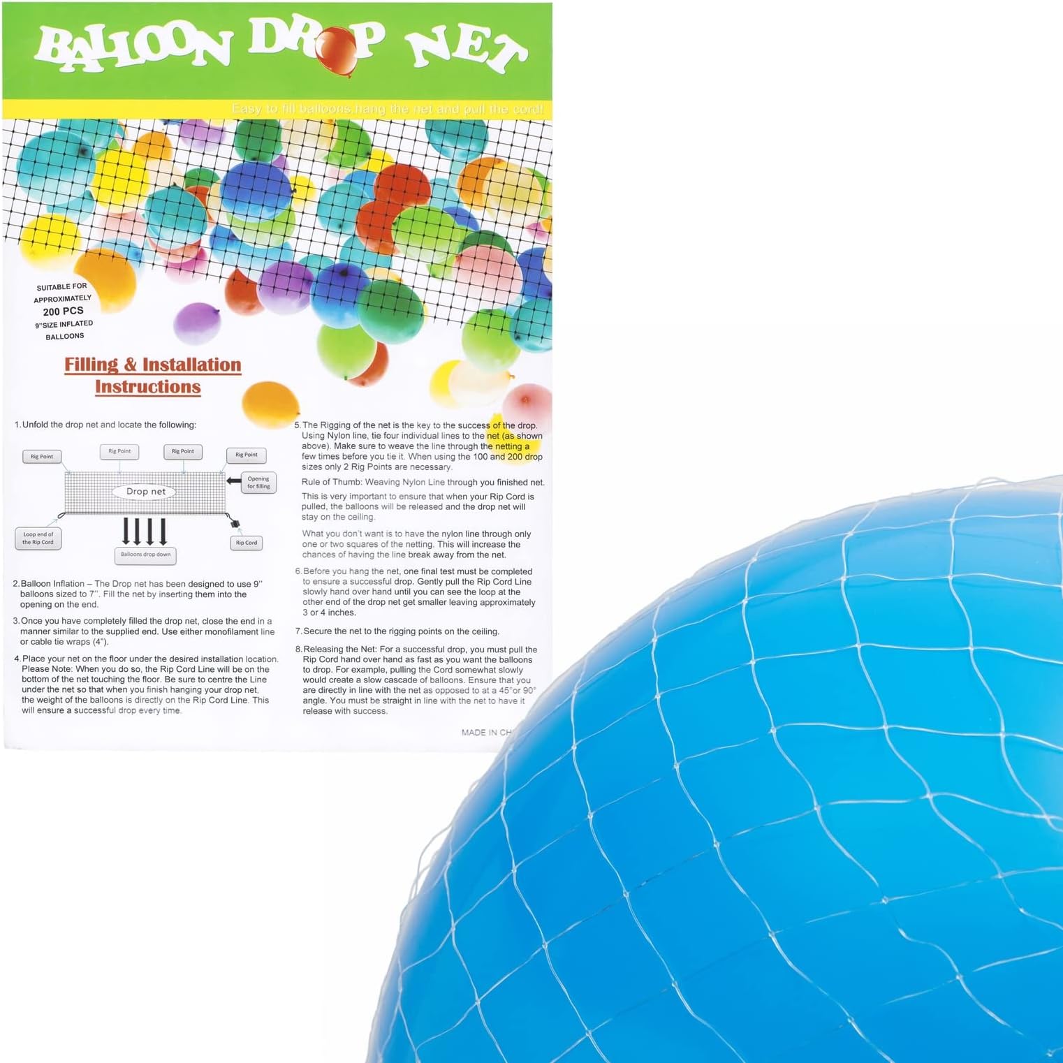 16 ft Balloon Drop Net - Ceiling Balloon Net Holds 200 - Reusable Drop Kit with Pull Cord - Multicolor