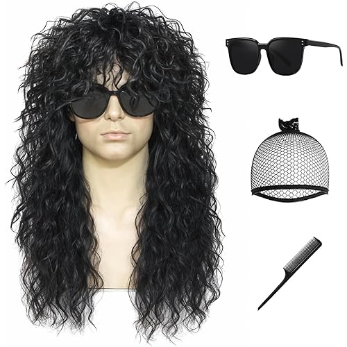 Rock Wig for 70s 80s Costume Men and Women Curly Wavy Rocker Wig with Bangs Hippie Party Funny Wig (Black)