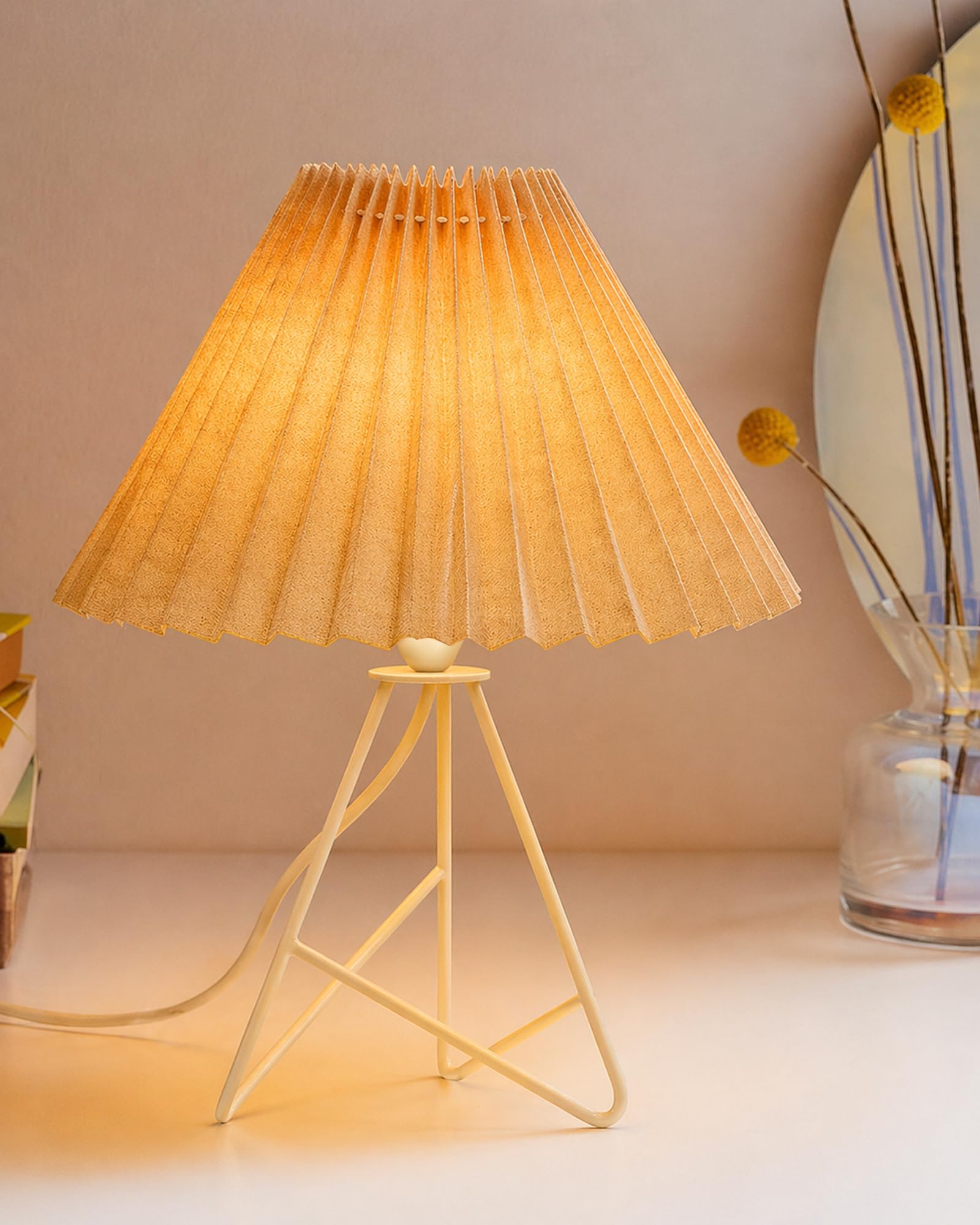 Homesake® Modern Table Lamp with Iron Tripod Base, E27 Holder, for Bedroom, Bedside, Living Room, Home Decor, Study Lamp for Desk, Night Lamp, Warm Light, Gifting, Pleated Fabric Shade, (Khadi)