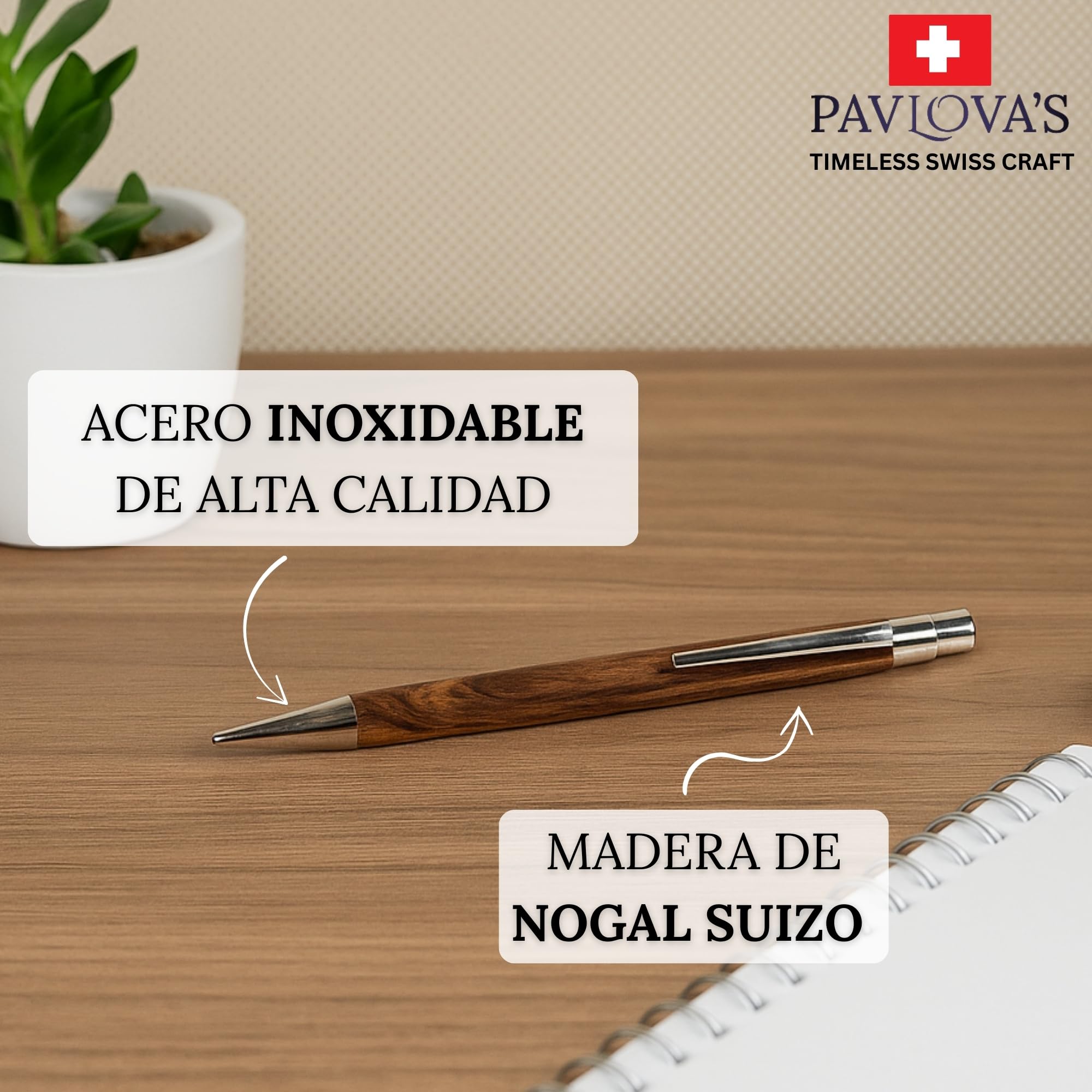 PAVLOVA’S Bolígrafo Nogal Suizo 14cm – Hecho a mano en Suiza – Madera maciza y núcleo de acero – Clic suave – Tinta Negra y Recambio Azul – Estuche regalo – 10 años garantía – EDICIÓN LIMITADA