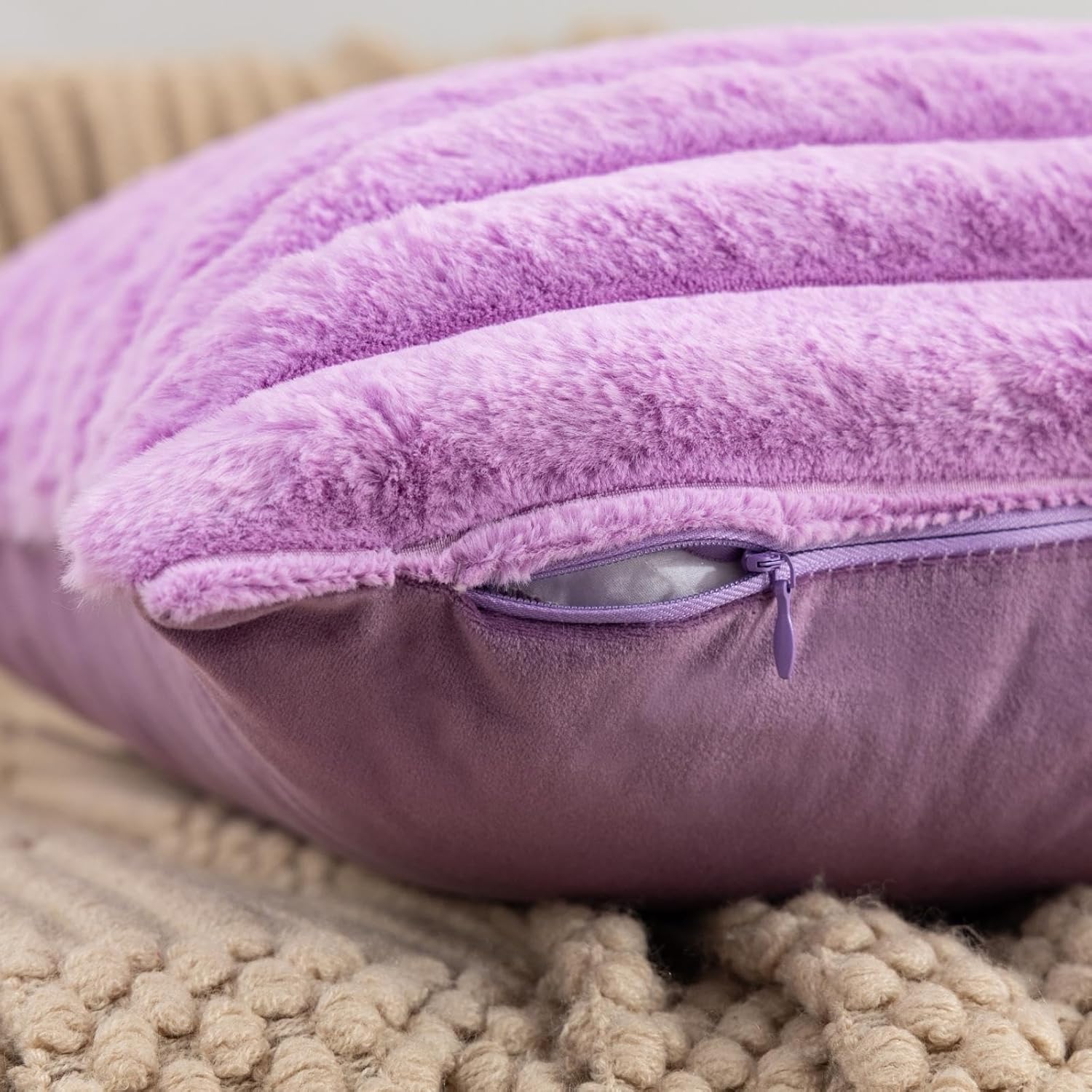 ZLINA Set of 2 Light Purple Faux Fur Decorative Throw Pillow Covers Fluffy Striped Pillowcase Cushion Covers 16 x 16 Inch Decor Sofa Couch Bedroom