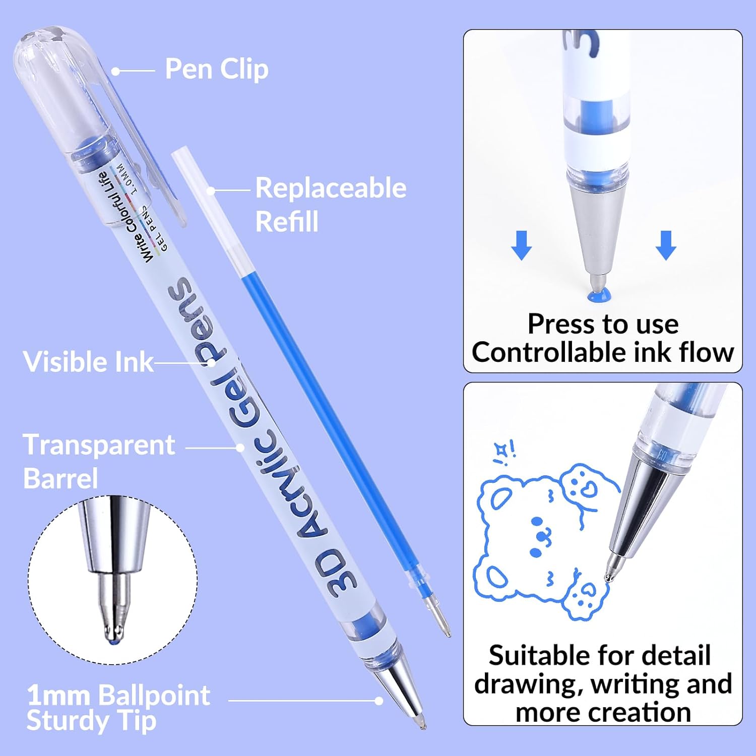 KEMYR 3D Acrylic Gel Pen,48 Colors gel Pens With 1mm Bullet Tip Point, Acrylic Paint Pens for Black Paper,Rock Painting, Glass, Wood, Fabric,Cards,Scrapbook,DIY Art Crafts