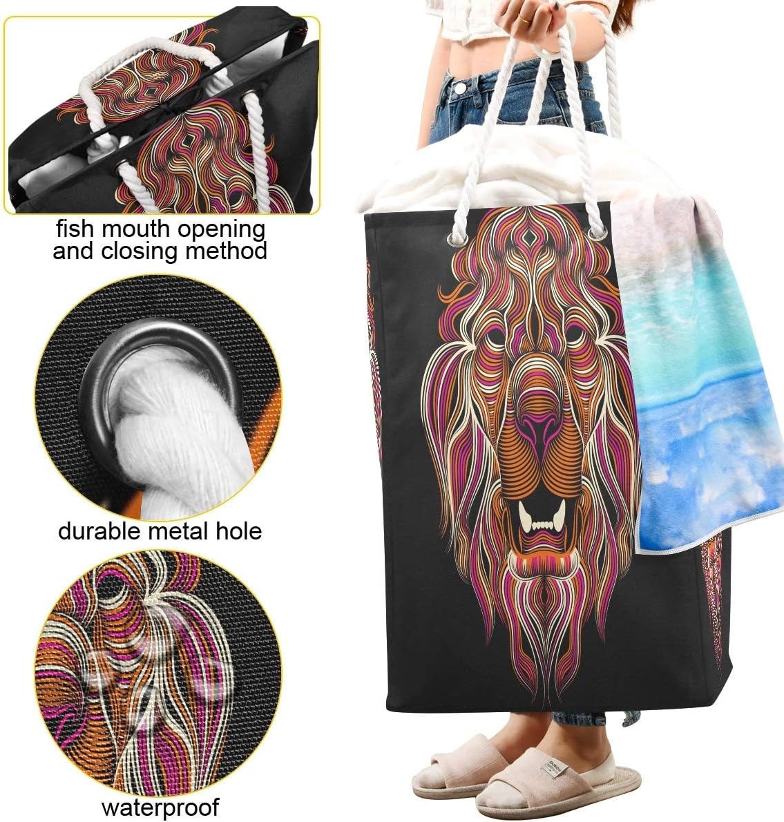 ブラックレッドライオンキングランドリーハンパーバスケット大型折りたたみ式洗濯ビン折りたたみ式収納折りたたみ式衣類バッグランドリールー