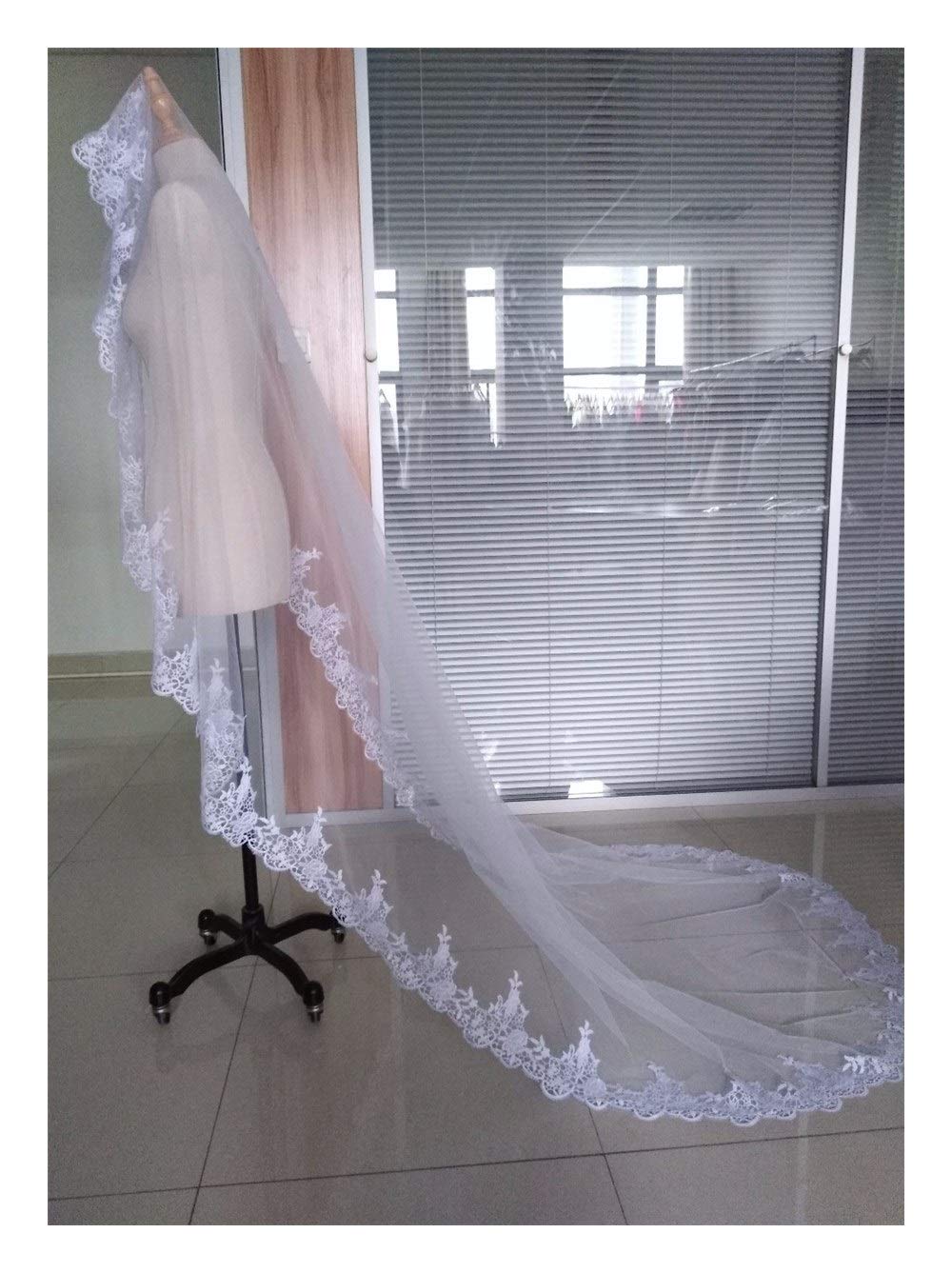 Veli da Sposa Uno Strato del Bordo del Merletto Bianco Avorio cattedrale Velo da Sposa Lungo Il Fronte Coperto Velo da Sposa con Pettine Splendido Tulle da Sposa