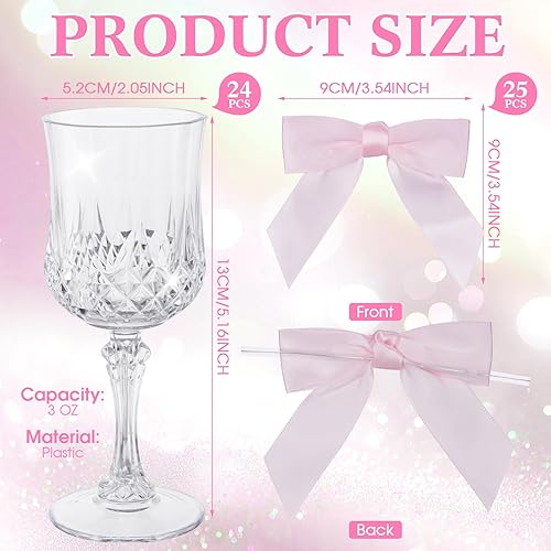 Miniatura 2 de LemonRoad 24 copas de vino de plástico de 3 onzas, copas de San Valentín vintage con lazos, copas de champán coquetas, copas irrompibles para Claro,