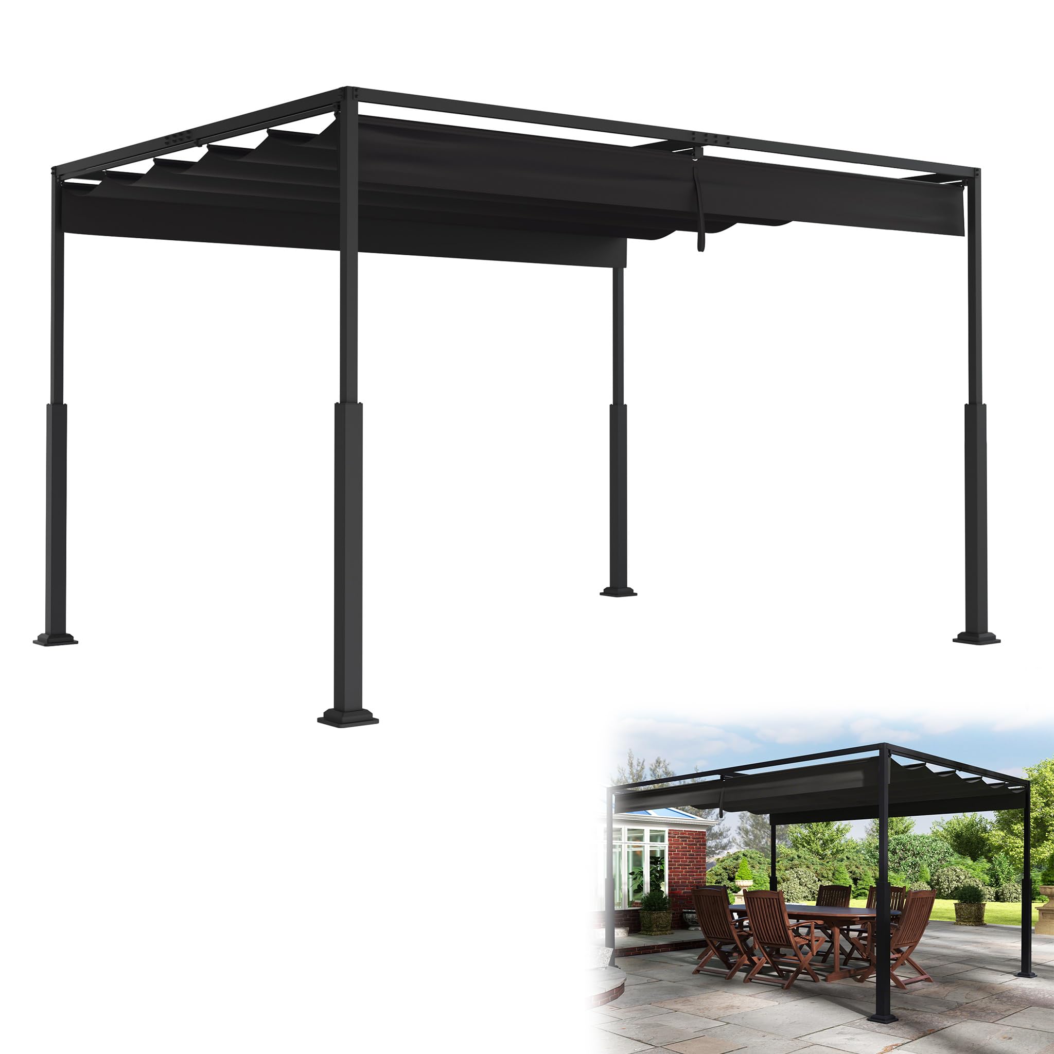 YRHome Pergola, 3 x 4 m, avec Schiebedac, en acier et polyester, imperméable et résistant à l'hiver, toit de terrasse autoportant, avec colonnes métalliques robustes, protection solaire, pour terrasse