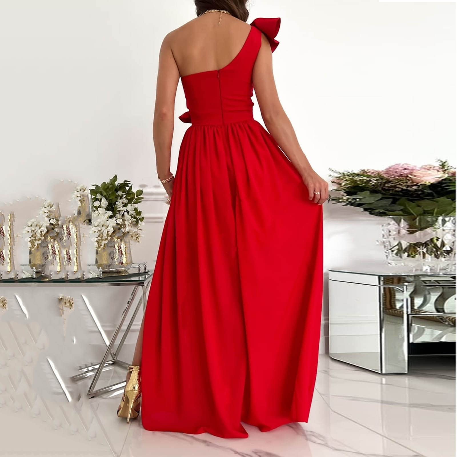 2023 Vestidos Largo Mujer Moda Color sólido Fiesta Vestido de Noche un Hombro Volante Elegante Vestidos de Cóctel sin Manga Extra Larga Casual Vestido Partido Novia Boda Vestir