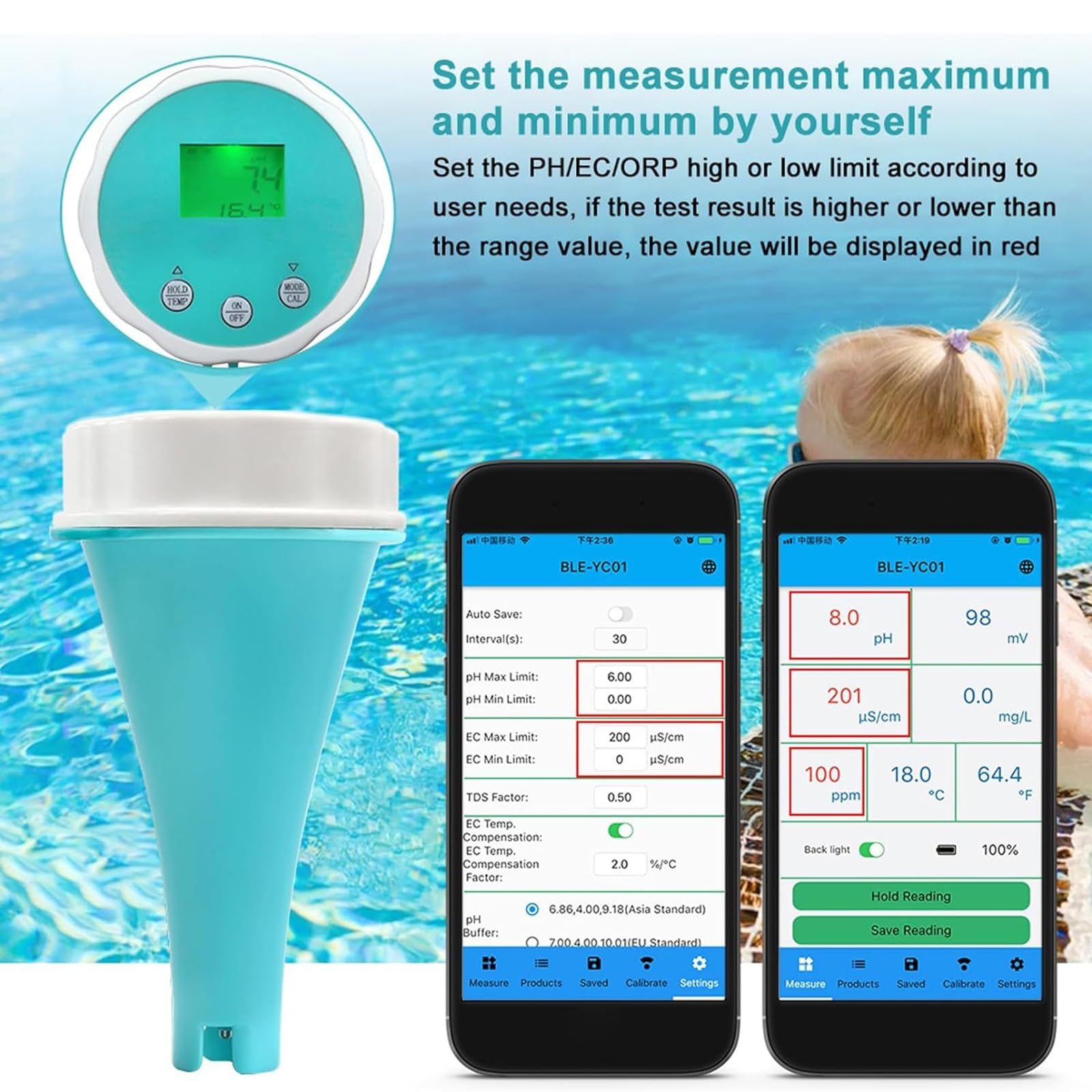 Misuratore di test dell'acqua – Tester Bluetooth per il monitoraggio del pH e del cloro in piscine, vasche idromassaggio e spa
