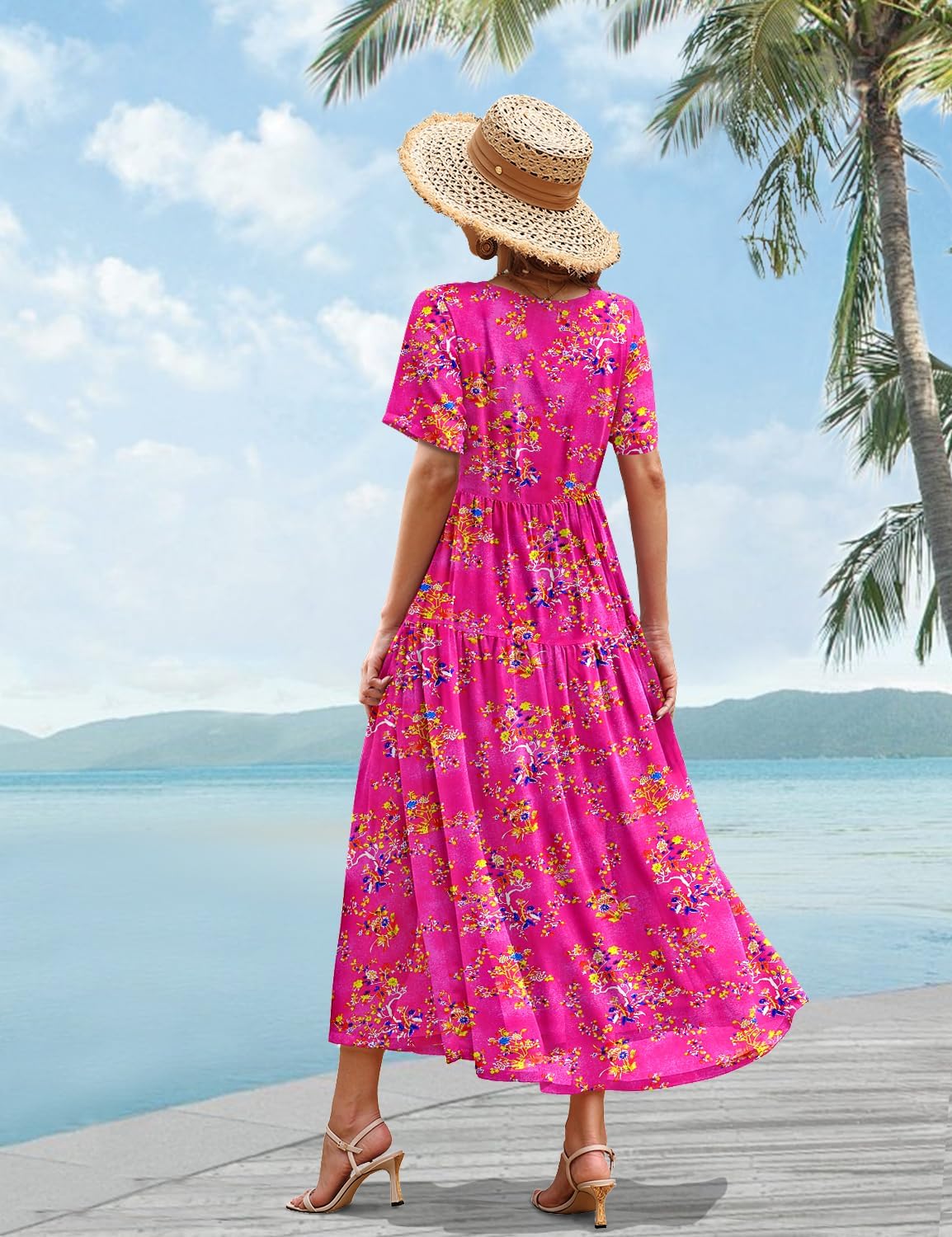 YESNO Women Casual Loose Bohemian Floral Dress with Pockets Short Sleeve Long Maxi Summer Beach Swing Dress EJF thumbnail