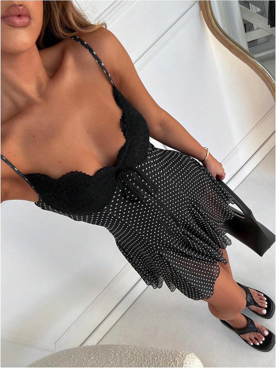 GORGLITTER Women's Polka Dots Mini Dress Y2k Lace Mesh Bow Tie Front V Neck A Line Dresses Coquette Clothes