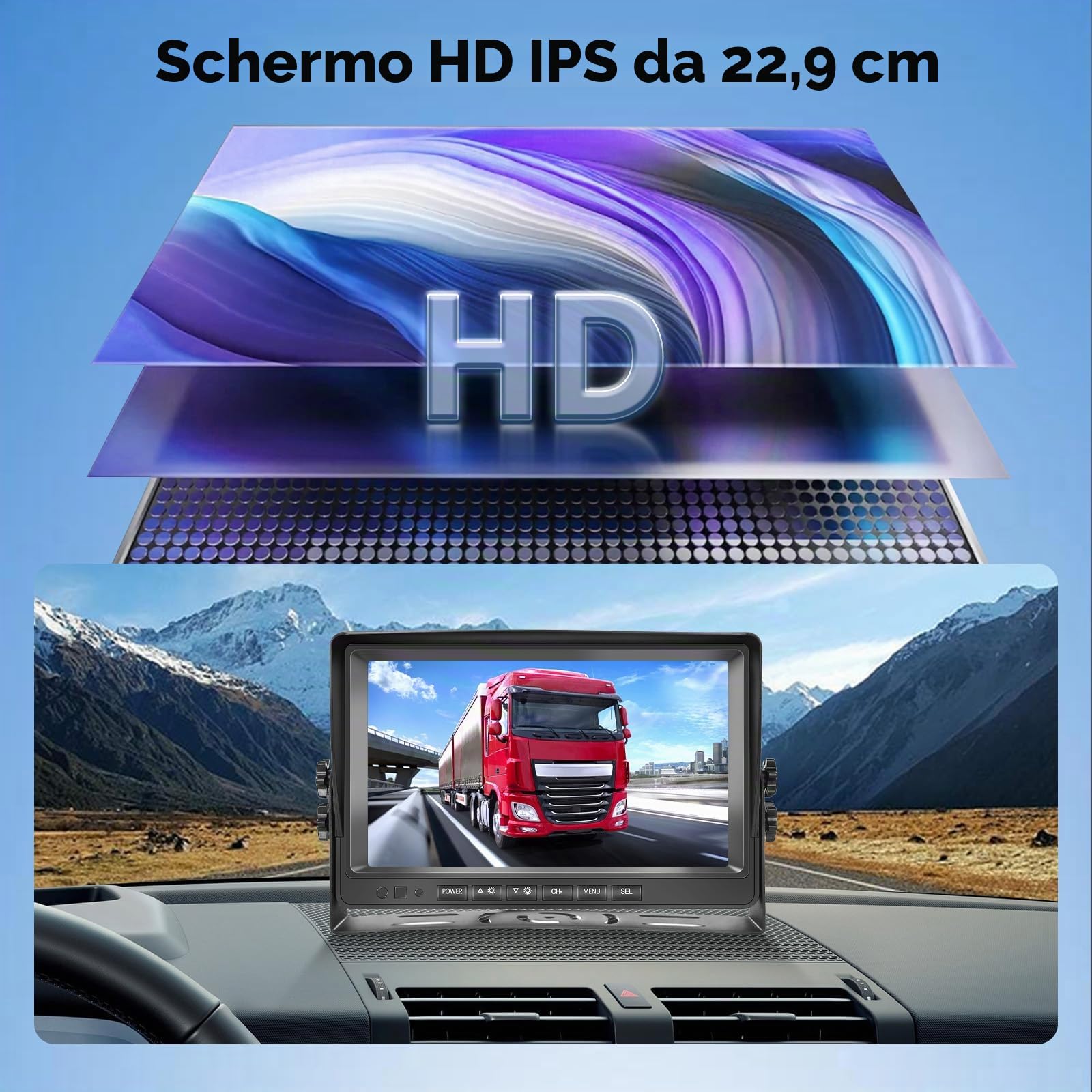 Telecamera Posteriore Set, 9 Pollici LCD Monitor con 2 AHD Telecamera Posteriore, IP69 Impermeabile, Visione Notturna con Cavo da 10m+10m, per Auto, Pick-Up, Camion, Piccoli Camper, Camper DC12V-35V