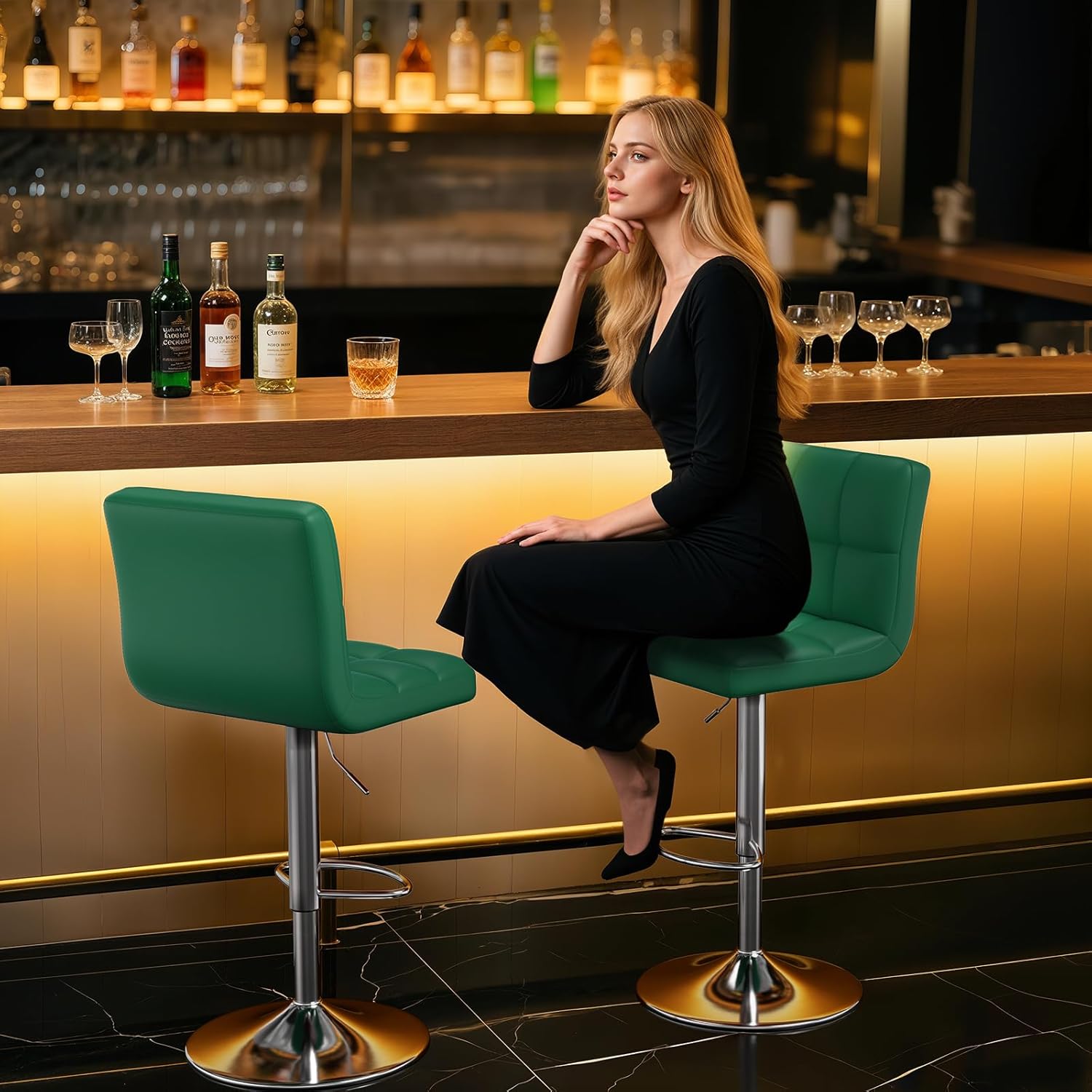 Athena Collection Bar Stools Set of 2 Counter Height Barstools Swivel Chairs Modern PU Leather Bar Stools with Back for Kitchen Island Adjustable Green