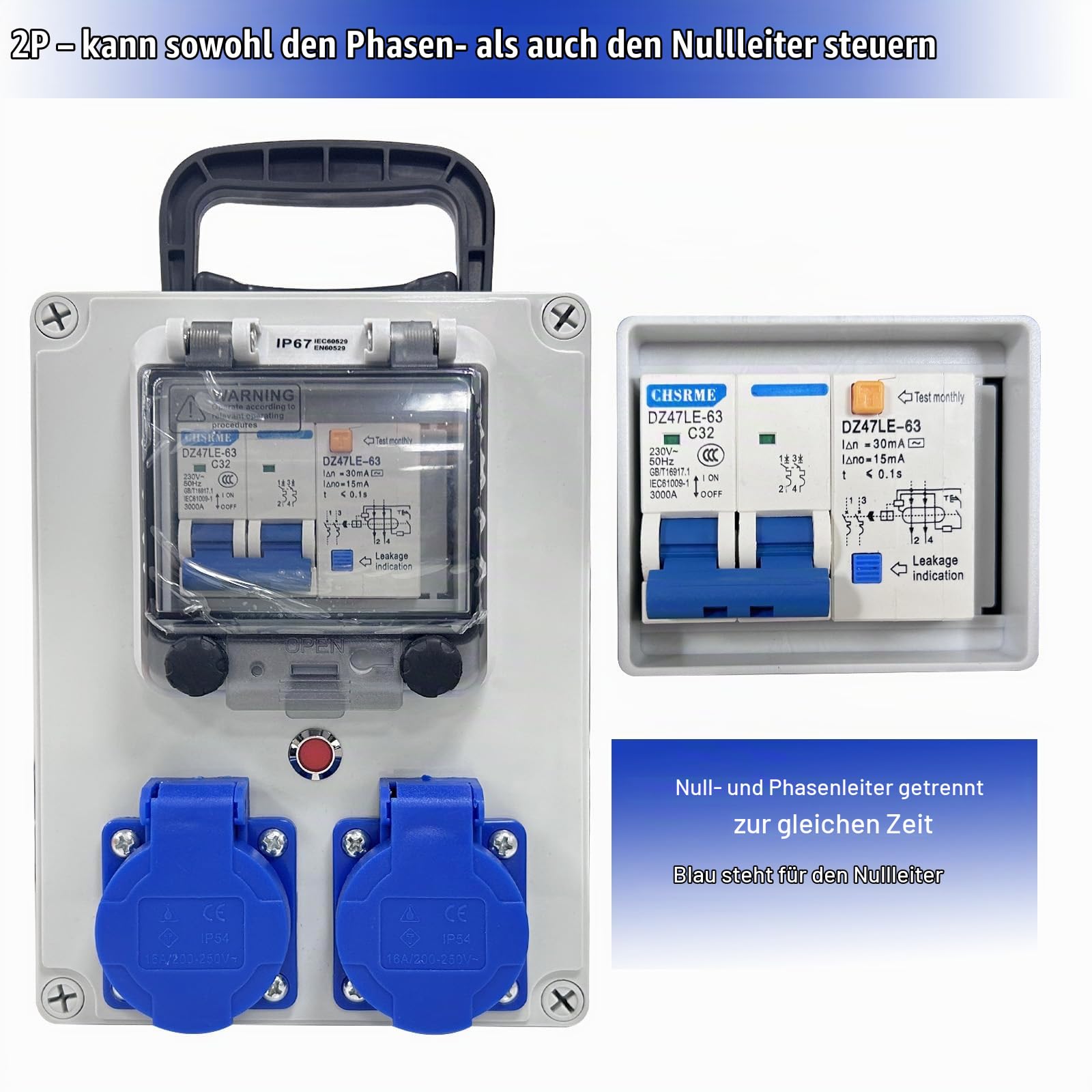 Baustromverteiler - Stromverteiler mit FI Schalter - Wandverteiler mit Leitungsschutzschalter - 250V 2 Polig Wandverteiler mit 2xSchuko-Steckdose 16A Stromverteiler Wasserdicht (2 Fach 2P + E)