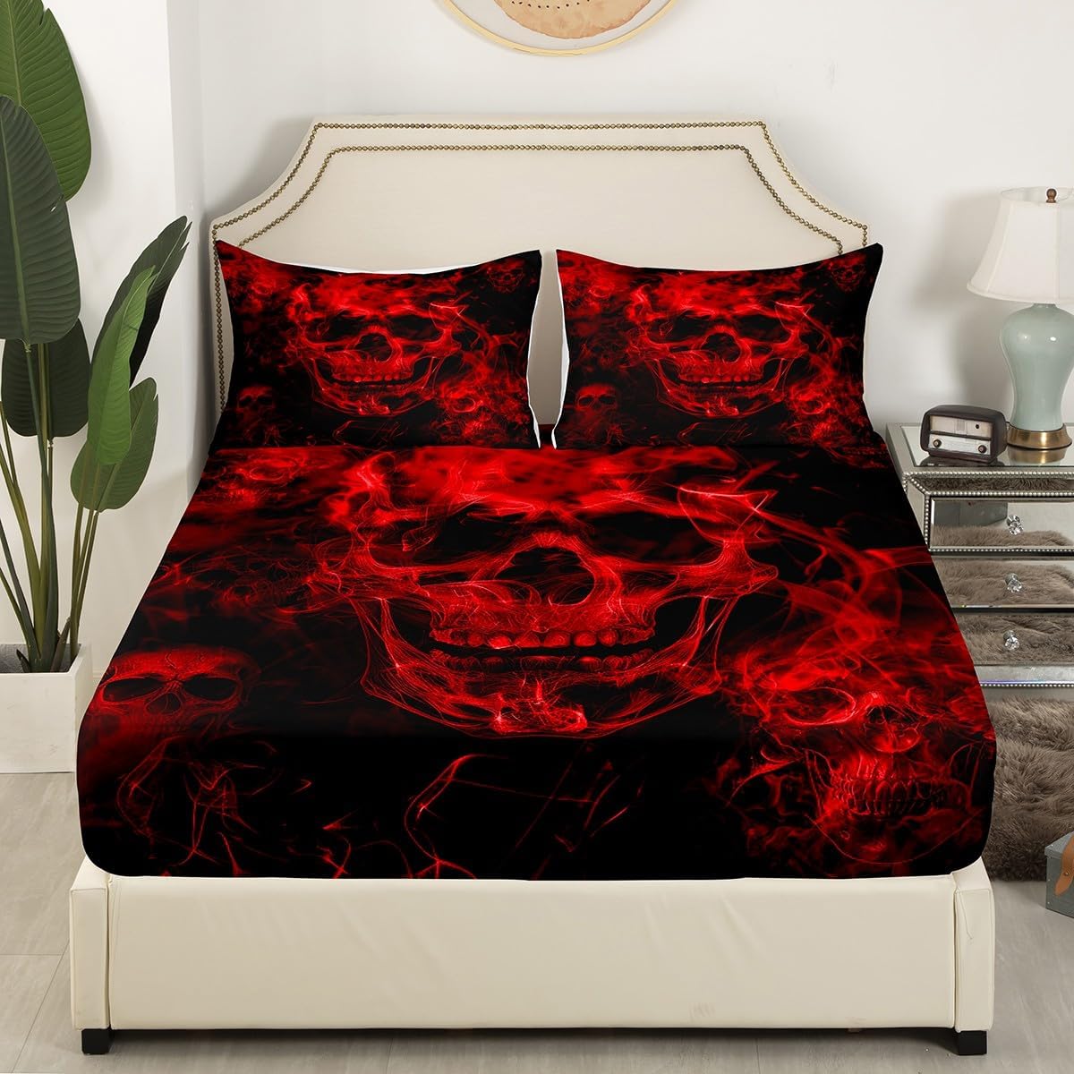Feelyou Sugar Skull Fitted Sheet Full Size Gothic Skull Bedding Set for Kids Teens Adults Halloween Themed Bed Sheet Set Smokey Red Black Bed Cover Room Decor 3Pcs with 2 Pillow Case