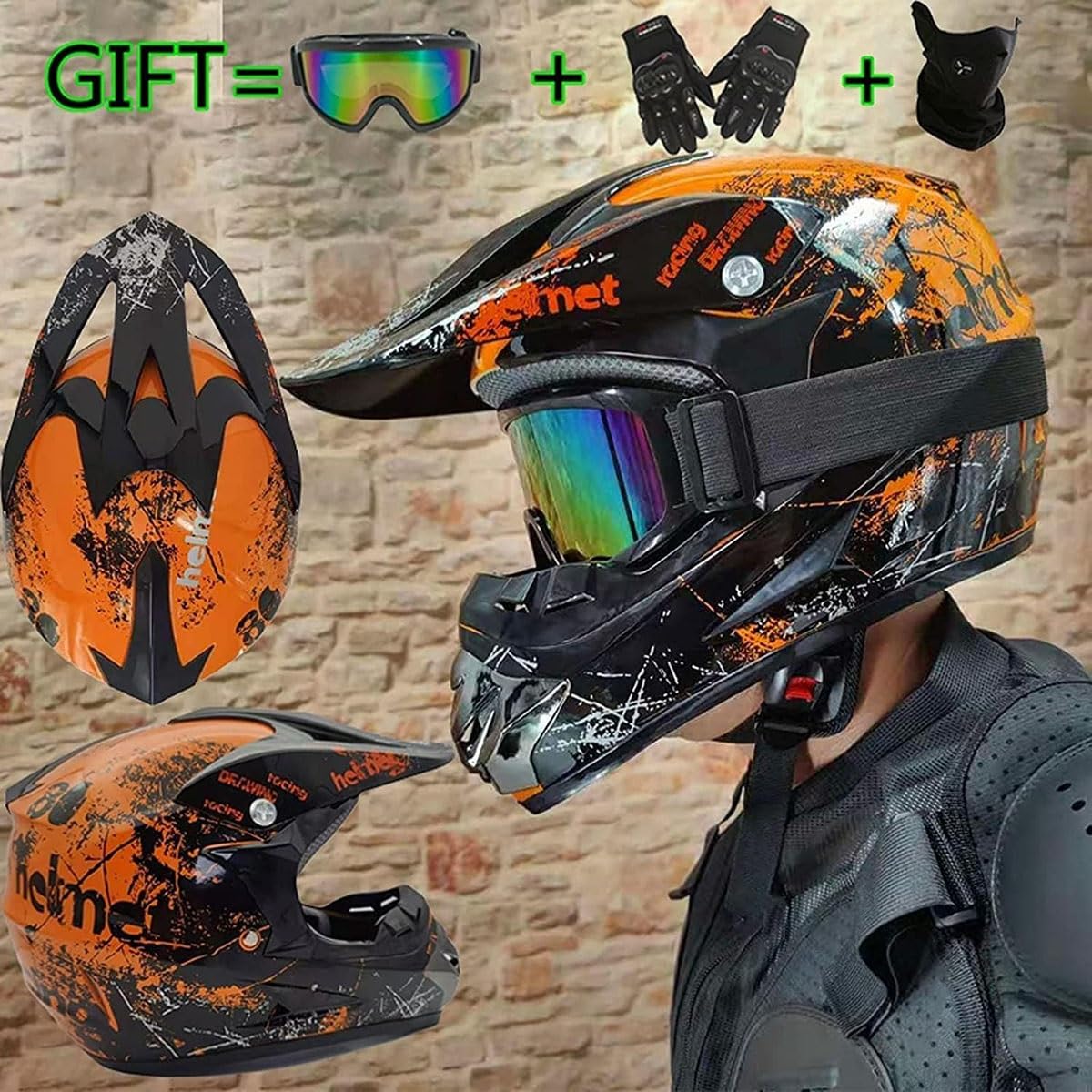Zestaw kasków motocrossowych dla dorosłych, z rękawiczkami z okularami maskowymi, kask pełnotwarzowy dla małych dzieci, rower górski, motocykl terenowy Go Karting Fe Course ATV MX Downhill Quad Dirt