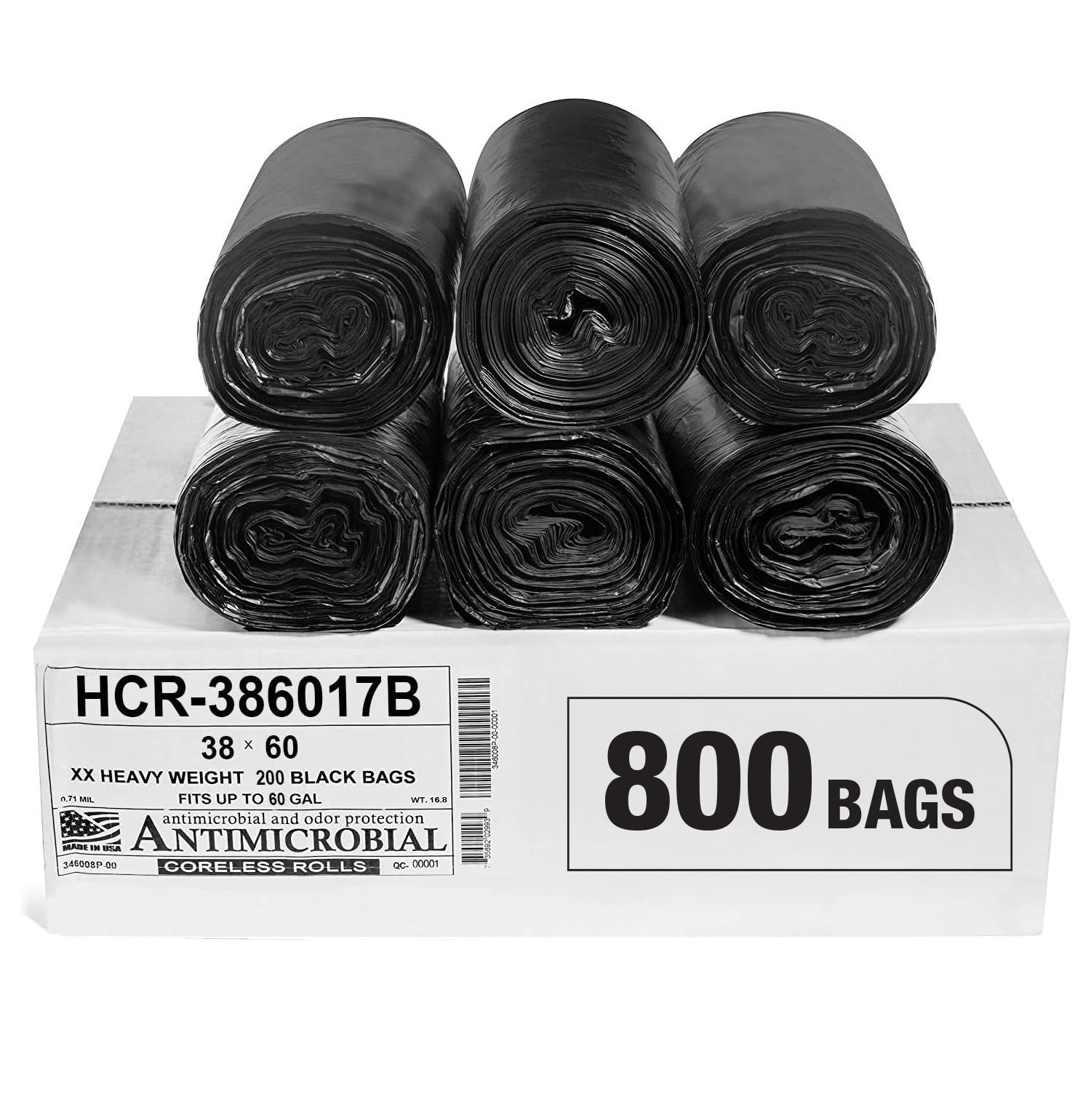 Aluf Plastics High Density Trash Bags, 60 Gallon, 800 Count, 17 Micron (eq), 38" x 60", Black, for Bathroom, Office, Industrial, Commercial, Janitorial, Municipal, Recycling