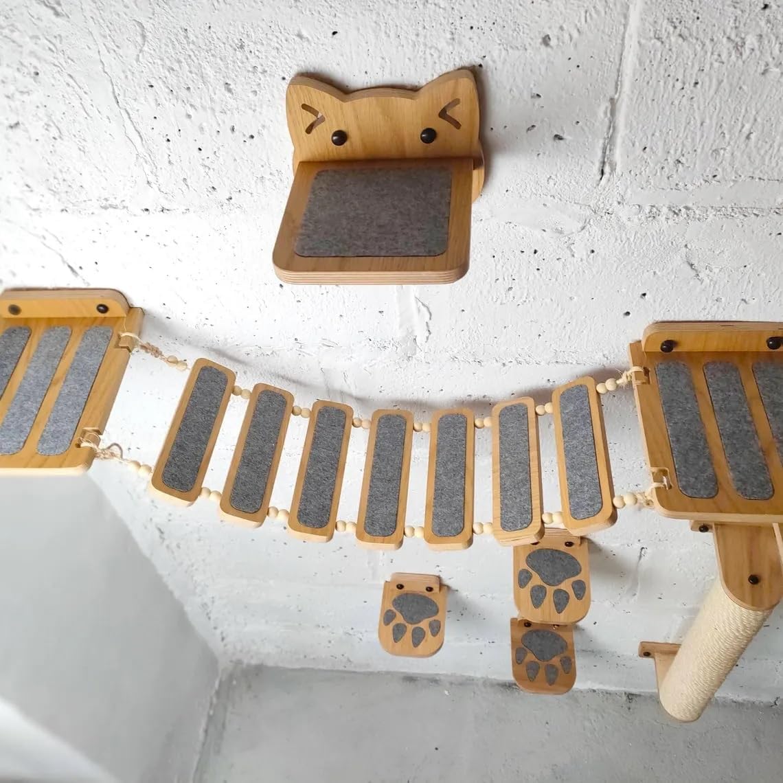 ANAIZA Wall-Mounted Cat Furniture Set – Wooden Cat Climbing Shelves, Hammock Bridge, Perch, Scratcher & Feeder – Interactive Wall Playground for Indoor Cats (Wall Furniture Set) 1