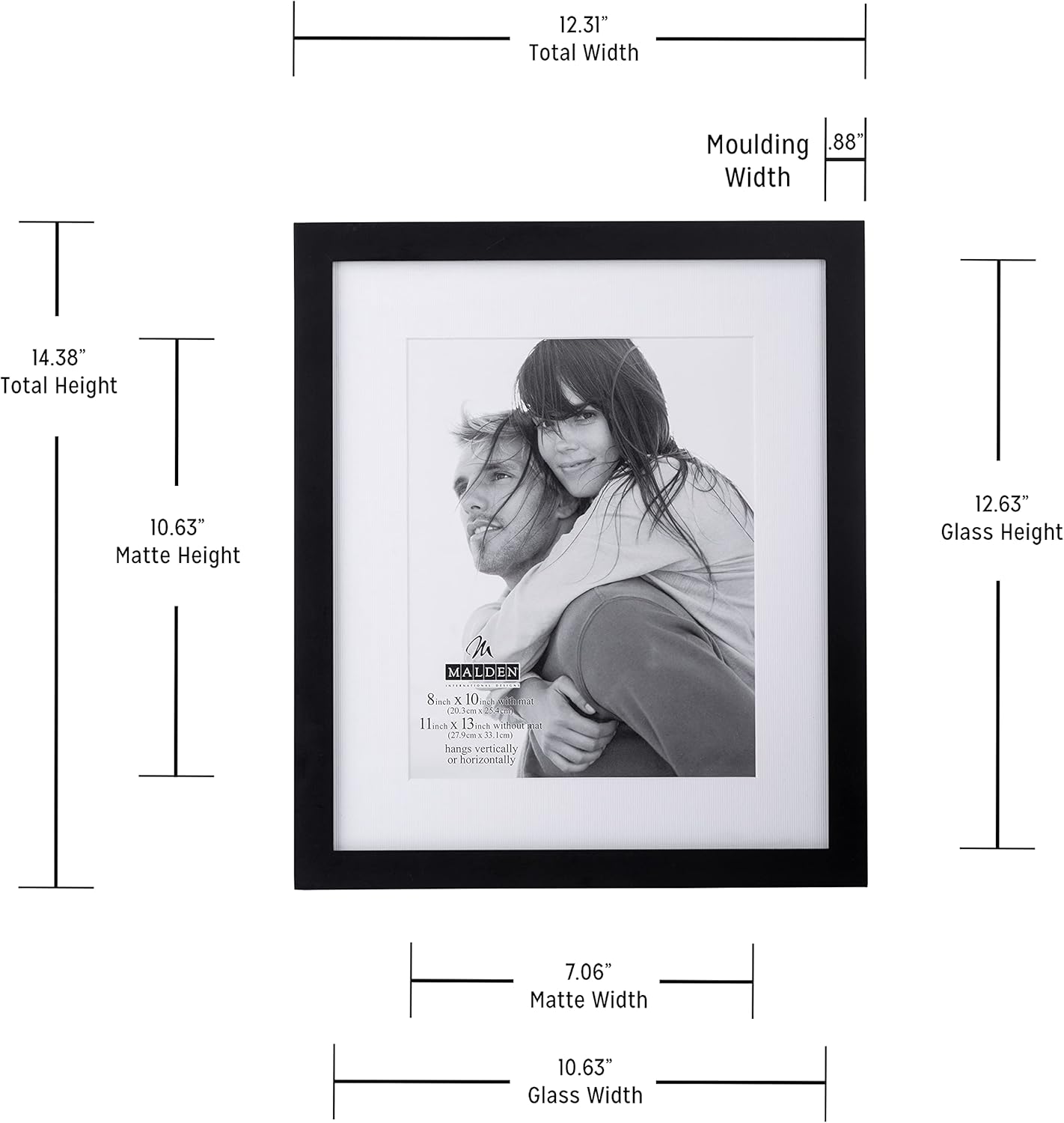 Malden 11x13 Matted Picture Frame - Made to Display Pictures 8x10 with Mat, or 11x13 without Mat - Black