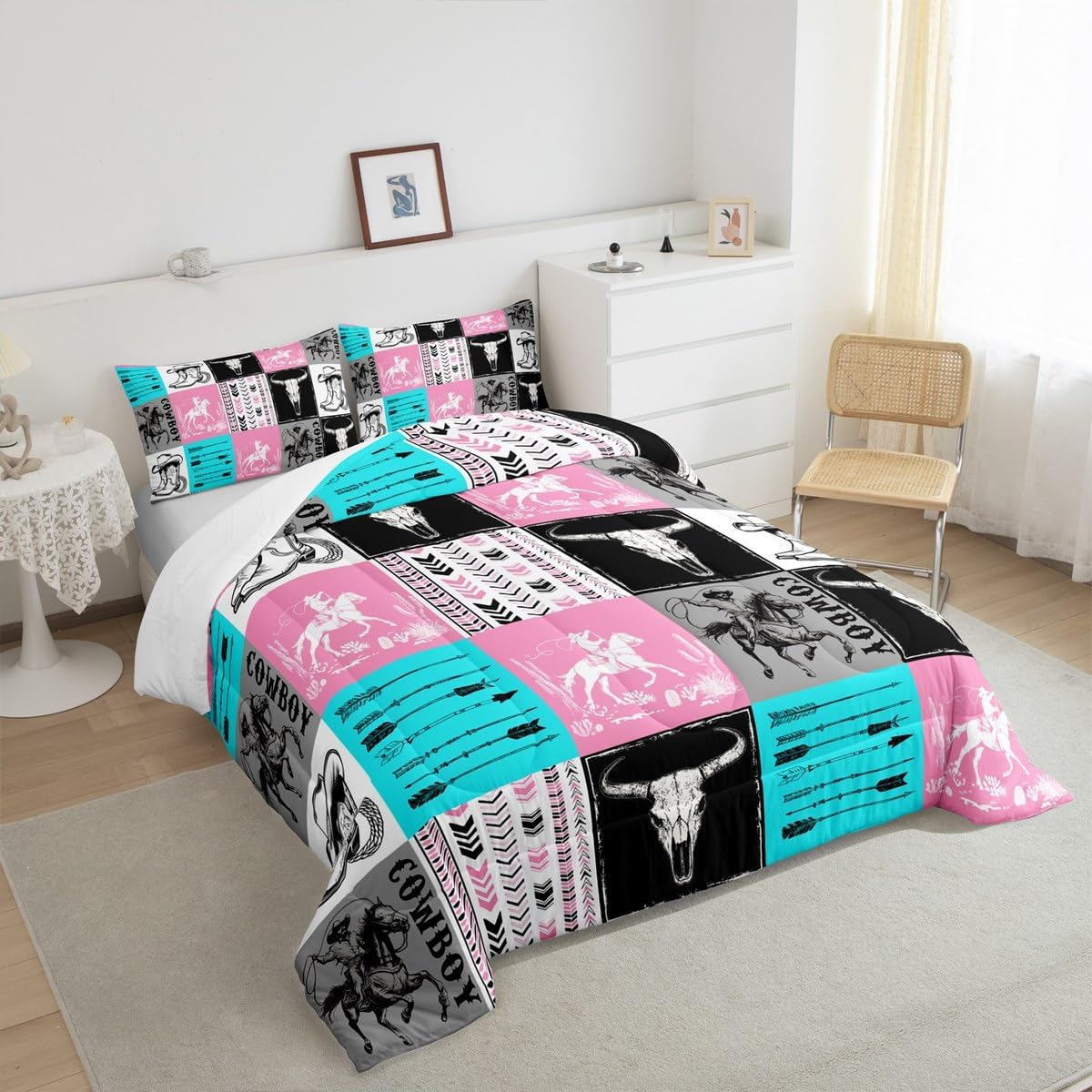Manfei Cowboy Comforter Set Twin Size, Bull Skull Horse Arrow Bedding Set 2pcs for Kids Boys Girls Room Decor, Geometric Grid Blue Pink Plaid Quilt Set Western Duvet Set with 1 Pillowcase - Image 5