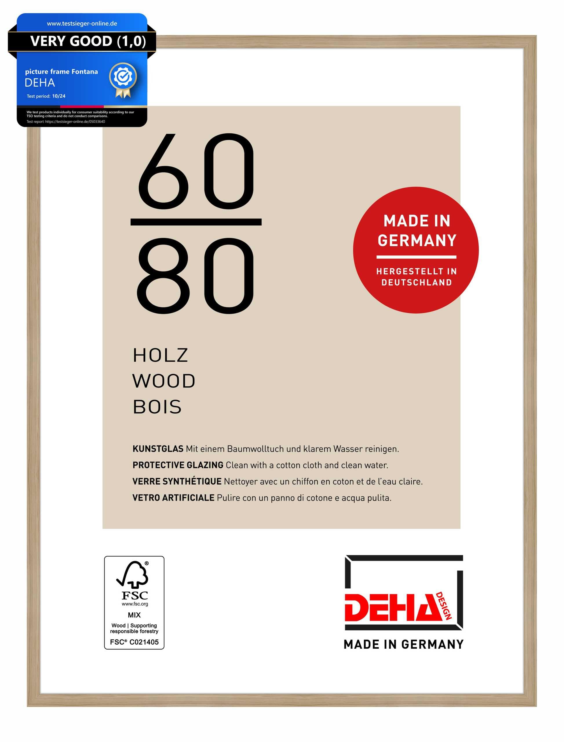 DEHA Design Fontana Wooden Picture Frame - 60x80 cm – Oak - with Synthetic Glass and Push/Turn Clips