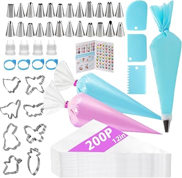 Piping Bags and Tips Set, 245P Cake Decorating Kit, 200Pcs 12 Inch Disposable Pastry Bags, Reusable Icing Bag and Tips Set for Cupcake Baking Supplies, Frosting Piping Kit for Cookie, Cake Decorations