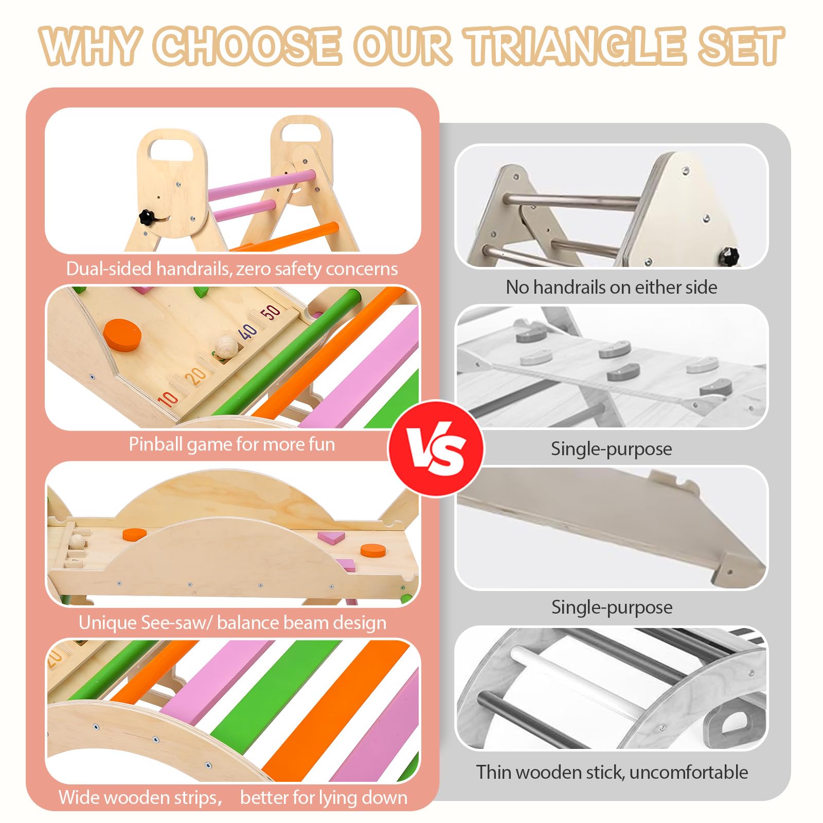 GarveeLife 9-in-1 Montessori Kletterdreieck Set Mit Rutsche, Schaukelbogen | Leiter, Pinball-Spiel Und Wippe, Holz Klettergerüst Für Babys & Kleinkinder, Indoor Spielgerät, Faltbar & Sicher Holzset