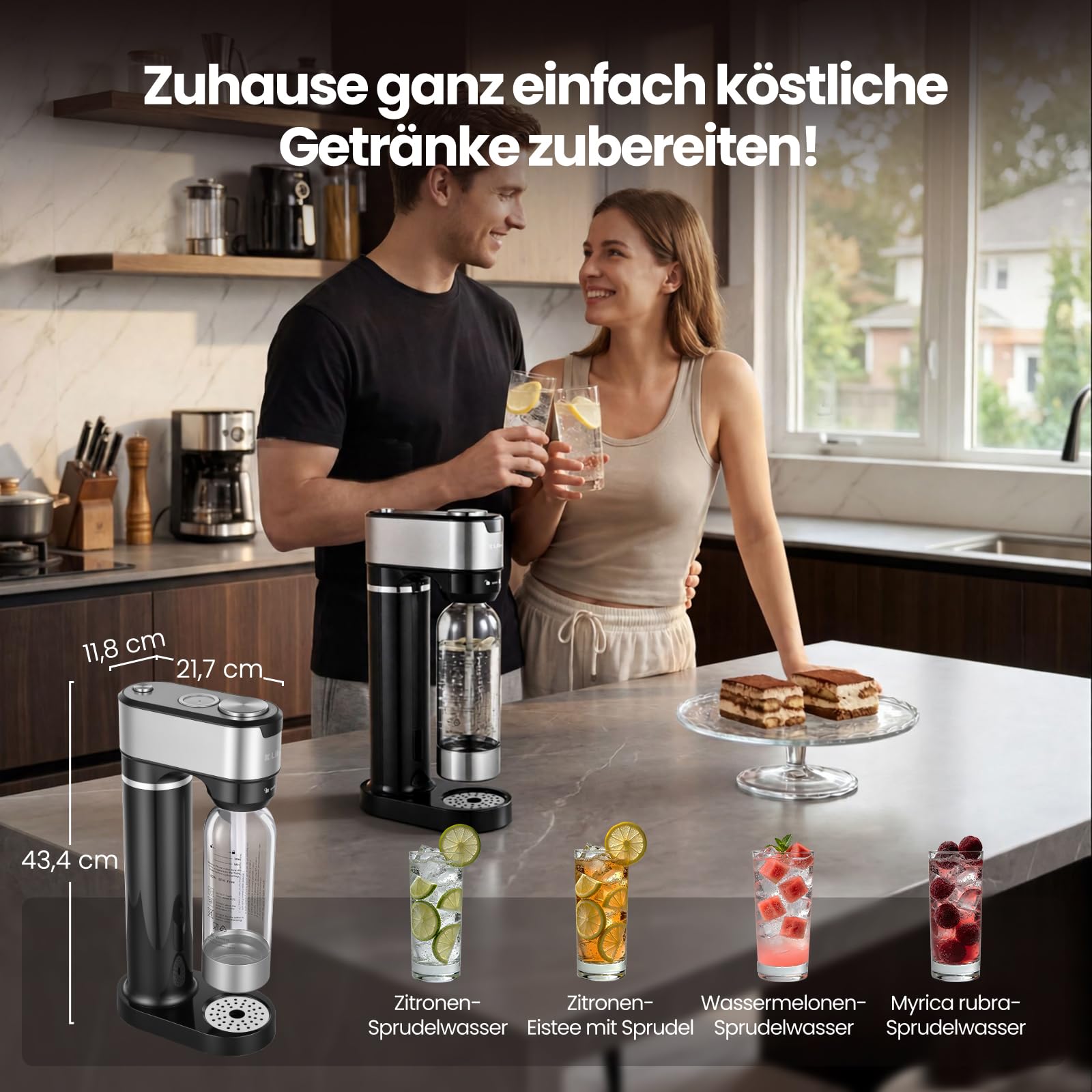 LLIVEKIT Wassersprudler, mit 4 einstellbaren Sprudelstufen, inkl. 0,5 L und 1 L PET-Flaschen BPA-frei, Sprudelwasser Maschine mit Abtropfschale, doppelte Sicherheitsventile, Schwarz