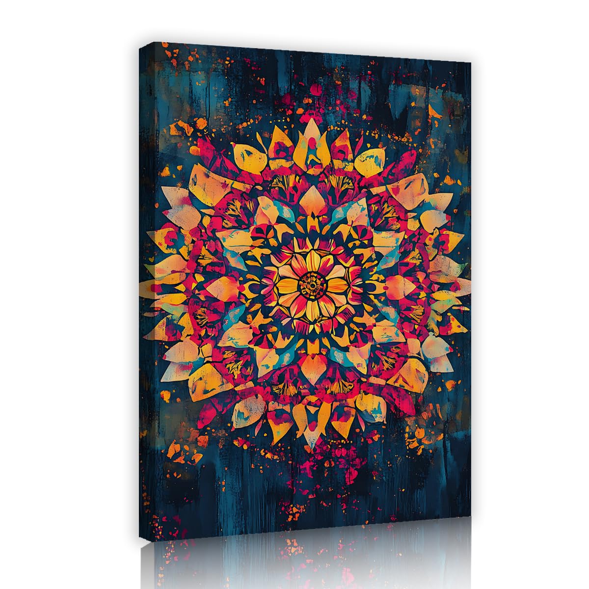 Via Vela Mandala Flower Framed Canvas Wall Art Tribal Geometric Pattern Colorful Sun Medallion Picture Vintage Boho Poster Prints For Living Room Bed Headboard 70x105cm