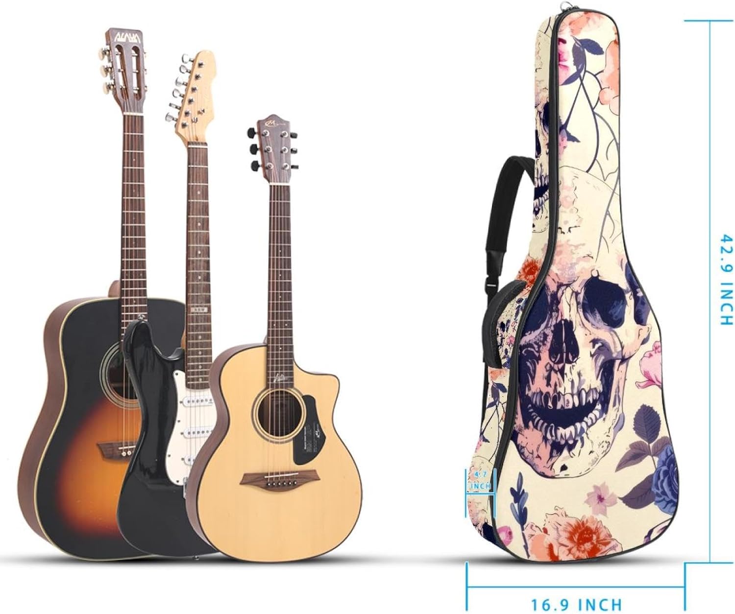 Acoustic Guitar Bag, 40 41 42 Inch Guitar Case Cover Soft Guitar Gig Bag for Acoustic Electric Bass Classical Guitar, Skulls with colorful Floral Art Pattern