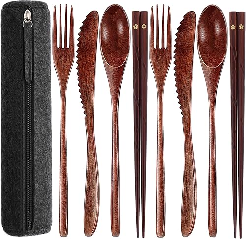 Miniatura 11 de Juego de cubiertos de madera portátiles para comer utensilios de almuerzo, juego de cubiertos de madera, utensilios de madera reutilizables
