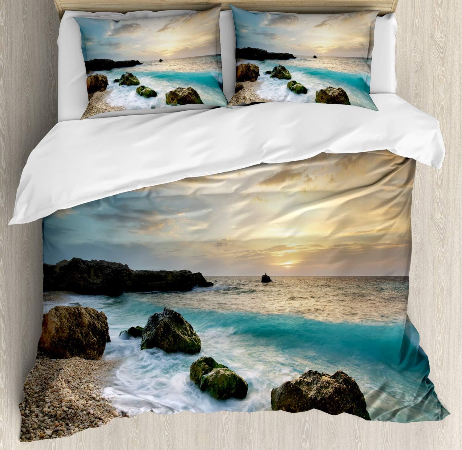 Ambesonne Ocean Duvet Cover Set, Seascape Composition of Nature Rocks Waves Cloudy Sky Rising Sun Beach Photo, Decorative 3 Piece Bedding Set with 2 Pillow Shams, Queen Size, Brown Blue Yellow Queen Brown Blue Yellow