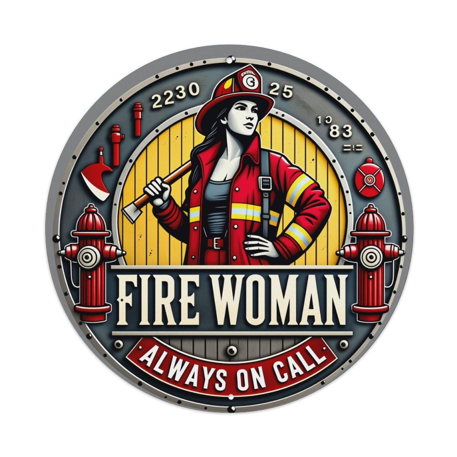 Fire Woman Always On Call Round Tin Sign Vintage Style Metal Sign Home Bar Garden Wall Plaque Decor Metal Poster 8x8 Inch