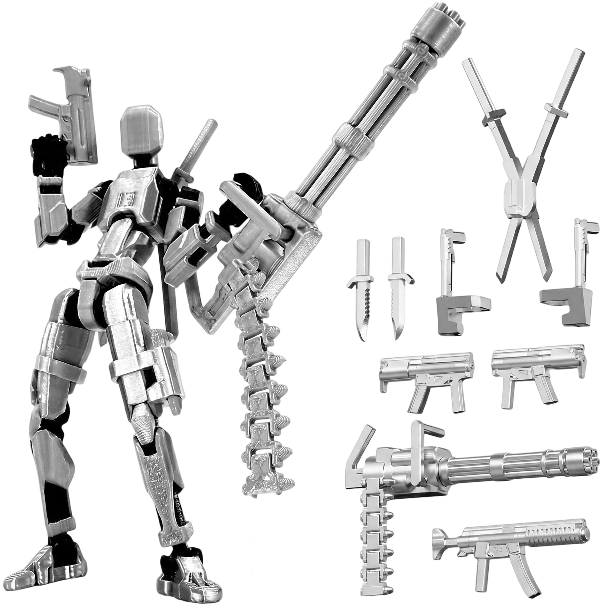 Copbopwn Titan 13 Action Figure 3D Printed Multi-Jointed Dummy 13 Poseable Robot Model with Gatling Gun Lucky 13 Action Figure Robot Assembled Desktop Decoration Office Home Gift for Adults (Silver)