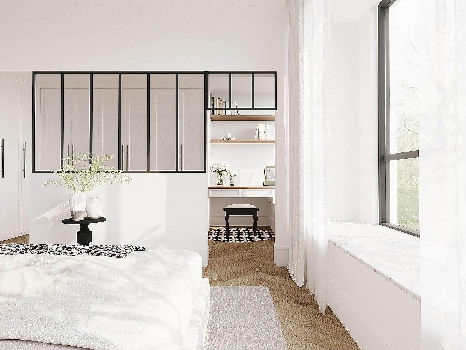 Vente-unique - Pared de cristal para estudio con claraboya - Aluminio termolacado - 180 x 105 + 73 x 40 cm - Negro - Bayview