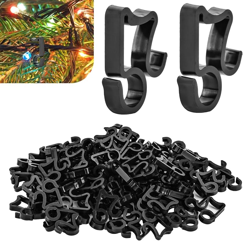 AccEncyc 100 Pcs Outdoor Light Clips Hooks for Gutter Hanging Outdoor Lights Christmas Village Accessories (Black)