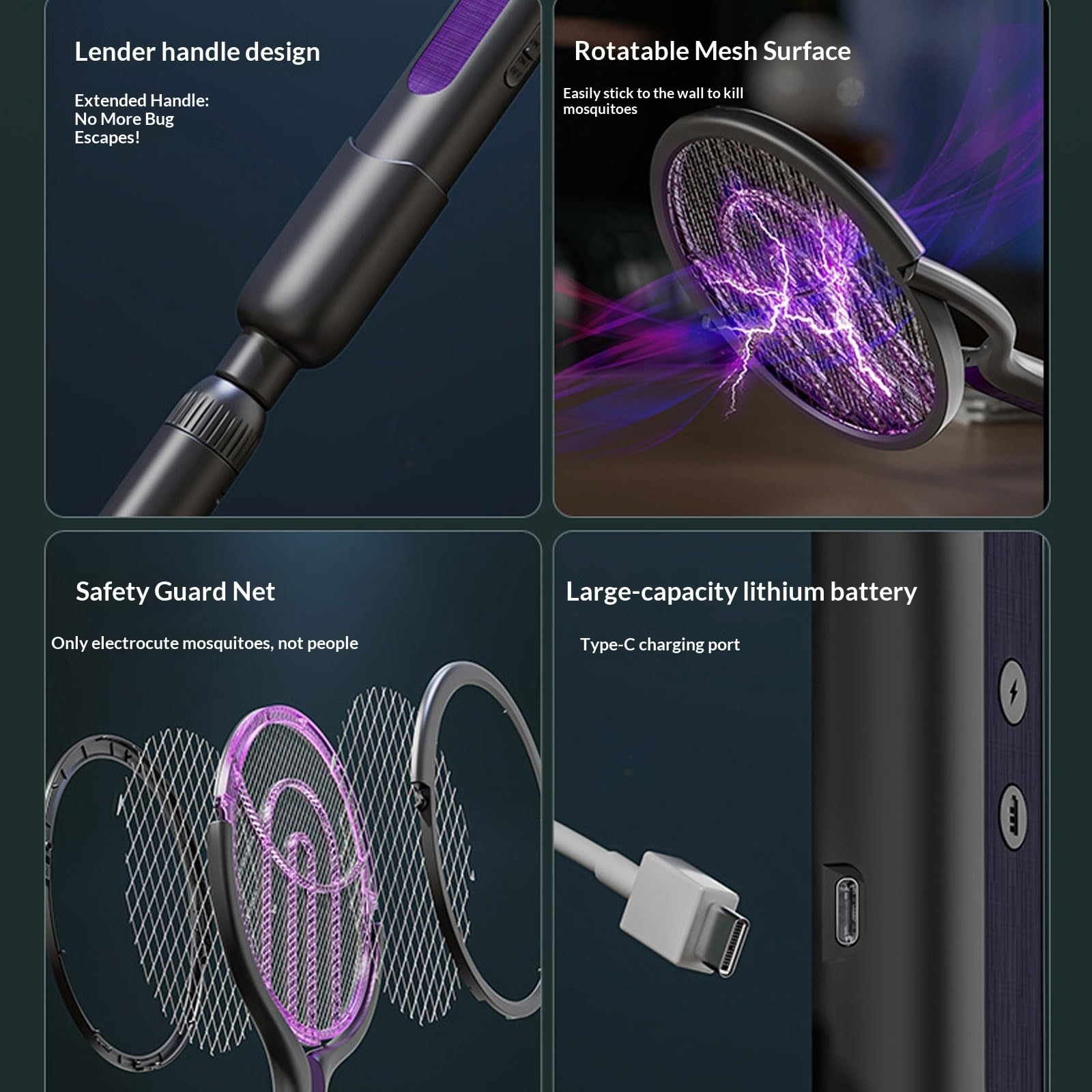 Racchetta antizanzare elettrica, Uccidi zanzare ricaricabile 2-in-1 con manico estensibile 106cm, Zappatore rotante 180°, design aderente alle pareti, alimentato USB(Purple With extended rod)