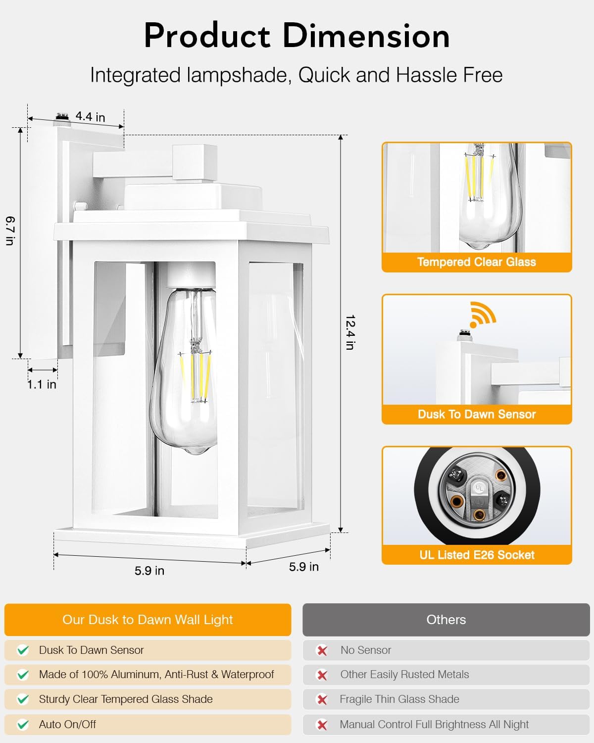 VIANIS White Outdoor Wall Lights, Dusk to Dawn Porch Lights, Anti-Rust Exterior Lighting Fixtures, Dusk to Dawn Outdoor Lighting with Tempered Glass for House, Porch, Garden, Hardwired, Non-Solar