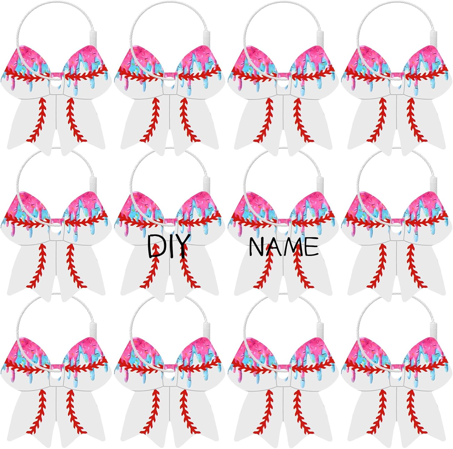 12 Pcs Softball Bow Ice Cream Drip Luggage Tags 2.76 Inch Travel Suitcase Labels PVC Name ID and DIY Softball Keychain for Travel Bag Suitcase Team Themed Party Fover Backpacks Gift