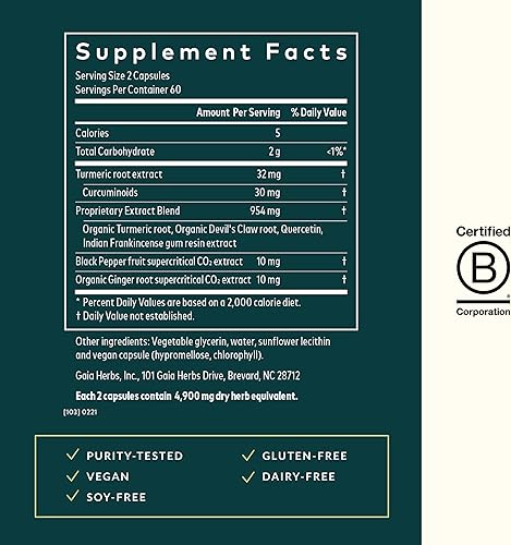 Miniatura 3 de Gaia Herbs Cúrcuma Supreme Joint Health apoyo articular y suplemento antiinflamatorio con quercetina pimienta negra boswellia raíz de jengibre y más