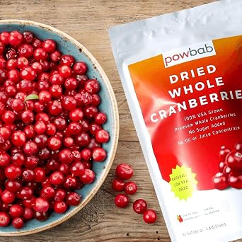 powbab Dried Cranberries Unsweetened - 100% USA Grown Organic Dried Cranberries. No Sugar Added, No Oil, No Apple Juice Concentrate Infused, No Sulfites. Dried Fruit. Not Moist, Not Sweetened or Reduced (2.9 Oz)