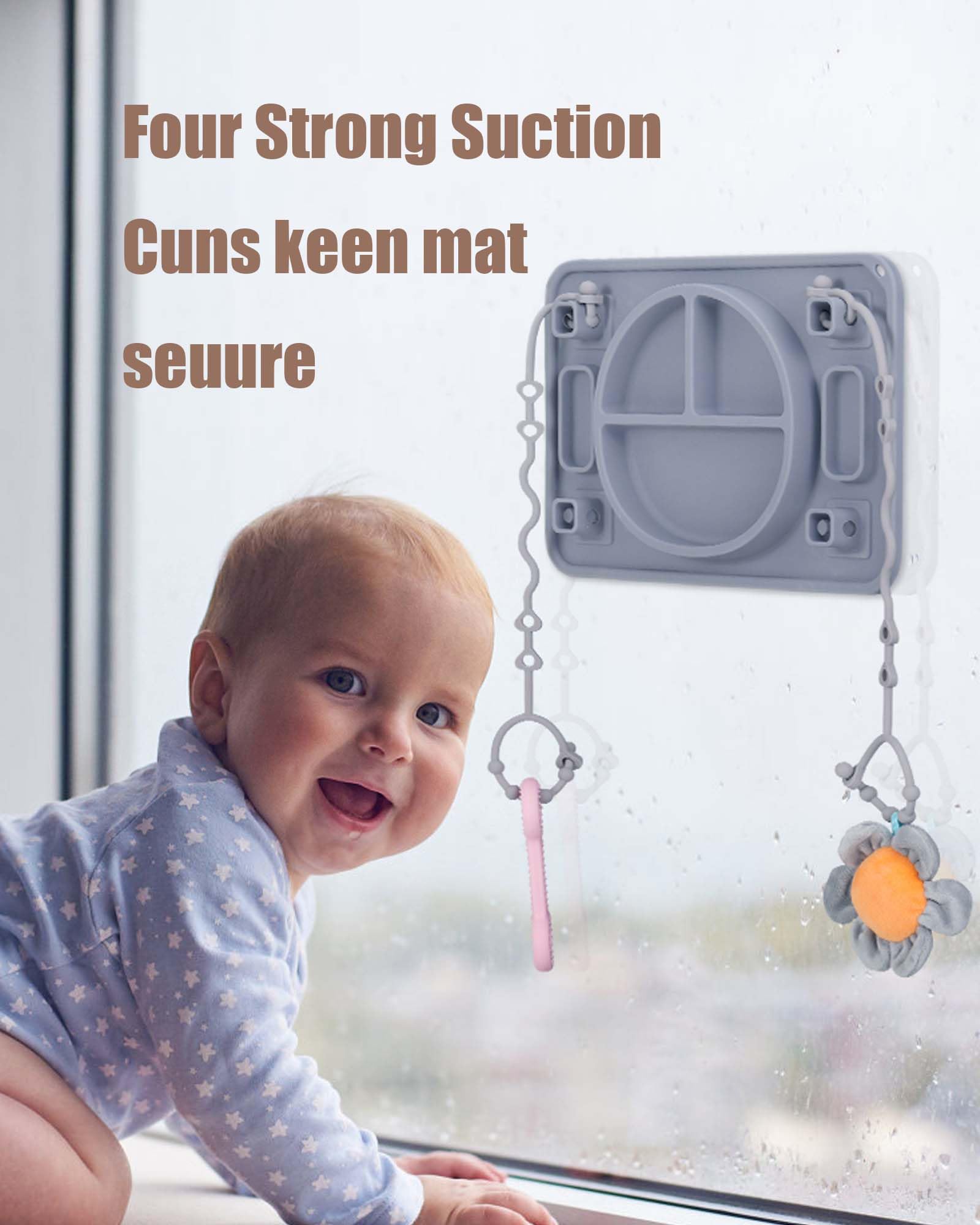 Strong Suction Baby Placemat, STARTURFLYU Silicone Toddler Plate with 4 Toy Straps & Anti-Peel Design, Dishwasher Safe Travel-Friendly Sensory Mat for High Chair, Airplane, Baby Led Weaning (Gray)